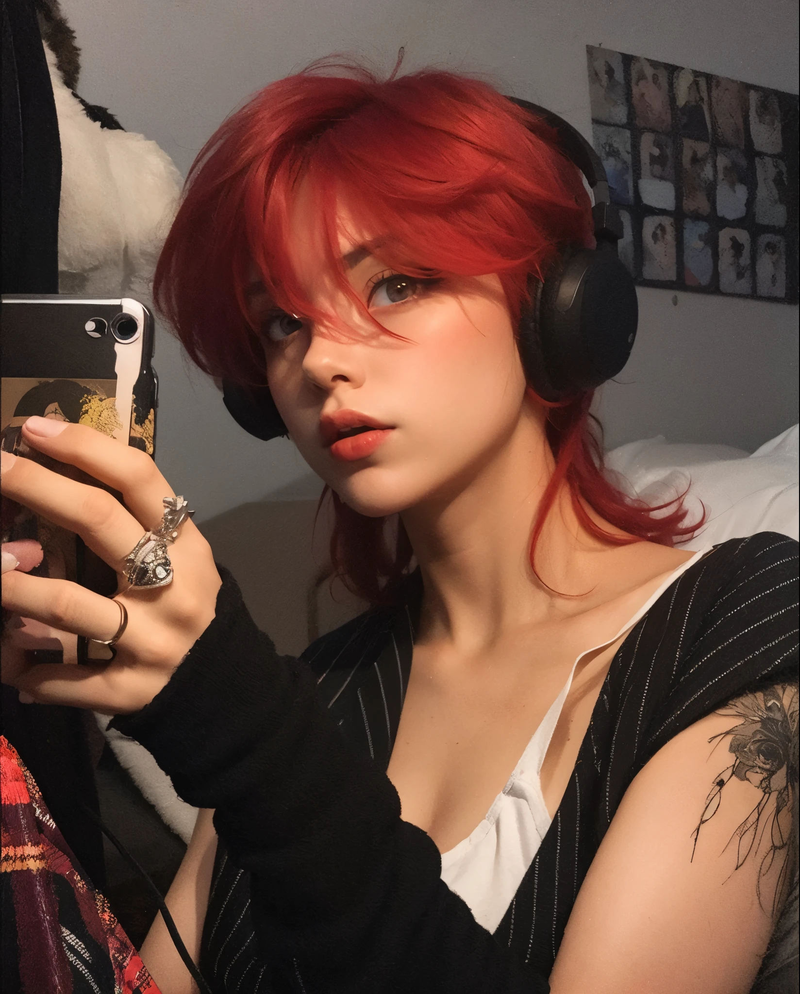 arafed woman with red hair and headphones taking a selfie, with red hair, anime vibes, red wig, red dyed hair, bright red hair, crimson red hair and red eyes, vibrant red hair, red hair and attractive features, goth girl aesthetic, red hair, 1 7 -  - old me goth girl, messy square vibrant red hair, strong red hue