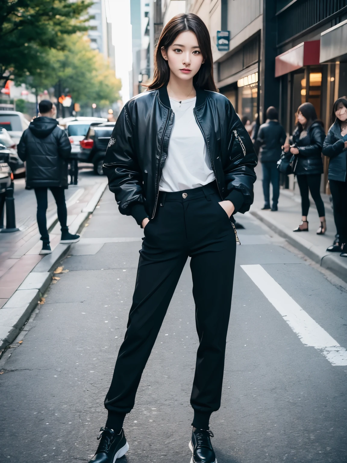 Bewitching eyes、well-balanced eyes, street snap, wearing, bomber jacket, workpants, breast focus, ((facing viewer)), at the street, japanese lady, pale skin, ((standing)), high quality:1.3, Professional lighting:2.0 realistic:1.2, 4k resolution, detailed skin, masterpiece:1.1
