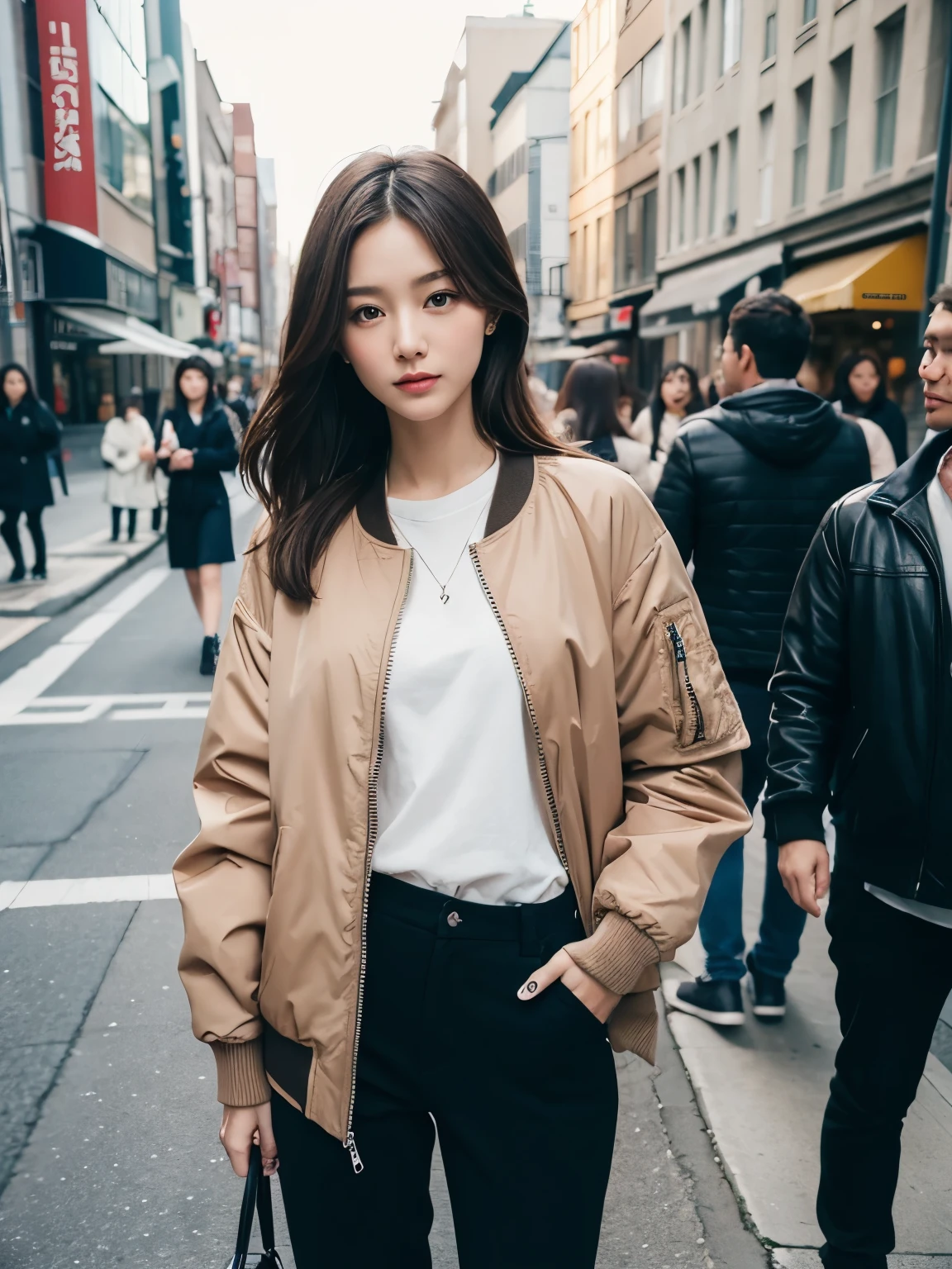 Bewitching eyes、well-balanced eyes, street snap, wearing, bomber jacket, workpants, breast focus, ((facing viewer)), at the street, japanese lady, pale skin, ((standing)), high quality:1.3, Professional lighting:2.0 realistic:1.2, 4k resolution, detailed skin, masterpiece:1.1