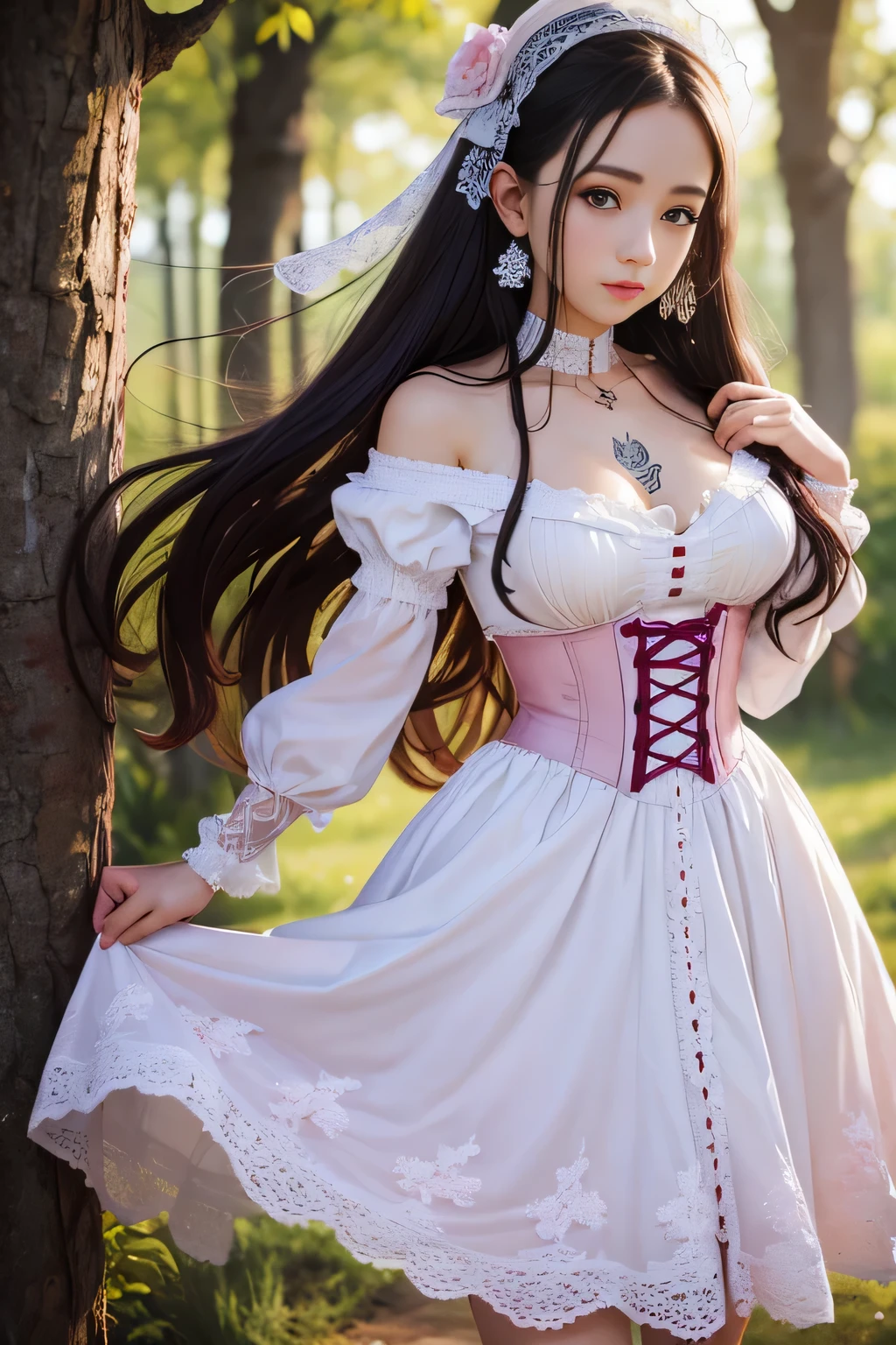 there is a woman with tattoos on her arms and chest, loli in dress, dressed in a pink dress, pale fair skin!!, wearing a white folkdrakt dress, smooth pink skin, angelawhite, wearing a cute white dress, in a dress, dressed in a medieval lacy, wearing a wonderful dress, wearing corset, young and cute girl, lovely queen