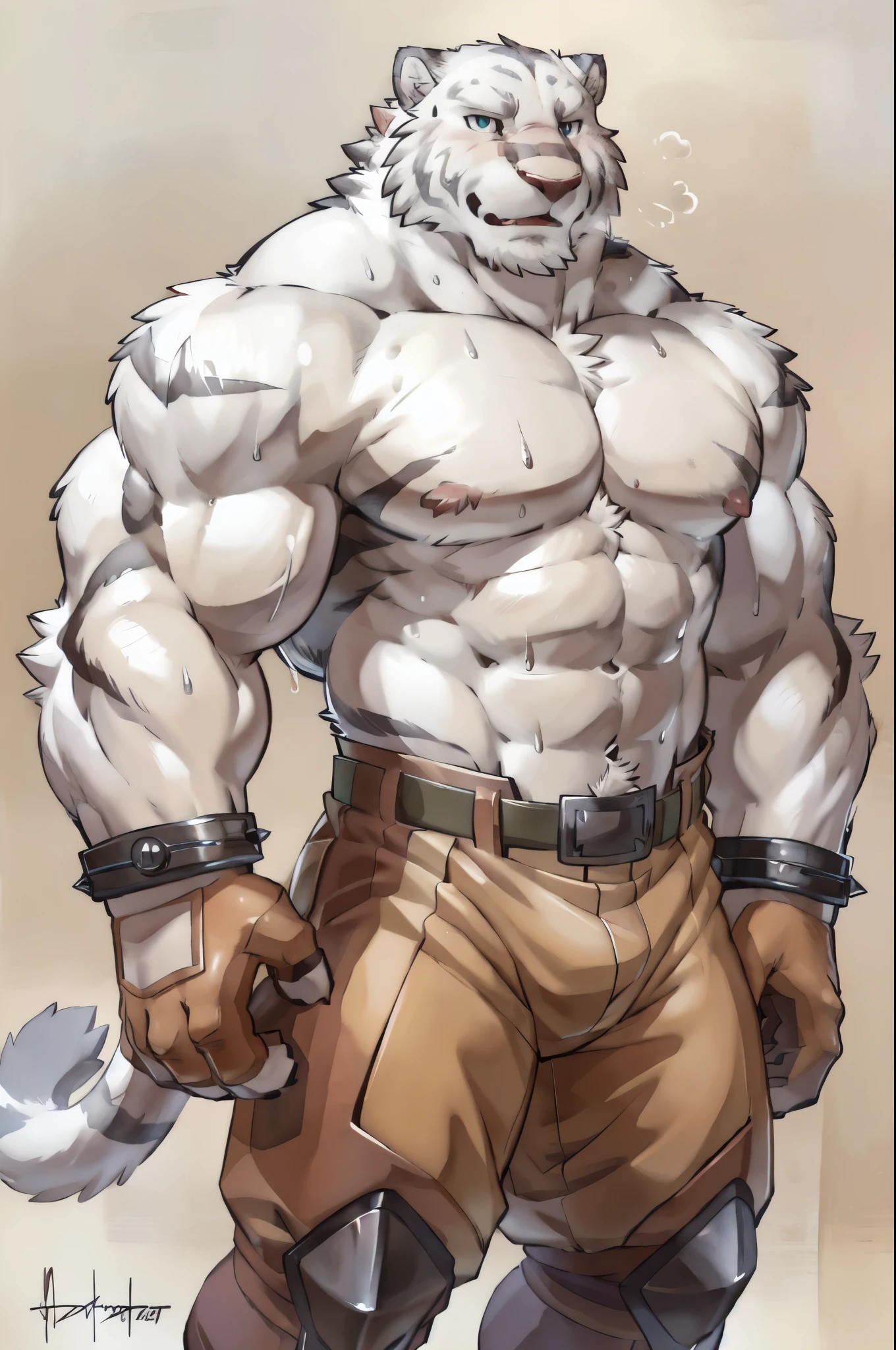 mercenary (grimoire of zero), anthro tiger. 4k, high resolution, best quality, posted on e621, solo, full height, anthro body, older male, masculine:1, male, very masculine, slim, ripped:1 muscles, (correct anatomy):1, huge torso, (white background, no background:1.2), (bare torso:1.1), white fur, bare chest, (wearing shorts), gloves, (detailed eyes:1.2), rough muzzle, sexy, (cel shaded:1.2), (sweat:1.5), visible breath, sweat:1, (watercolors:1.2), confident, proud, (vascular, veins:1.1), (full body):1, flustered, shy, cute, manly, flexing, (by takemoto arashi, by meesh, by Taran Fiddler)