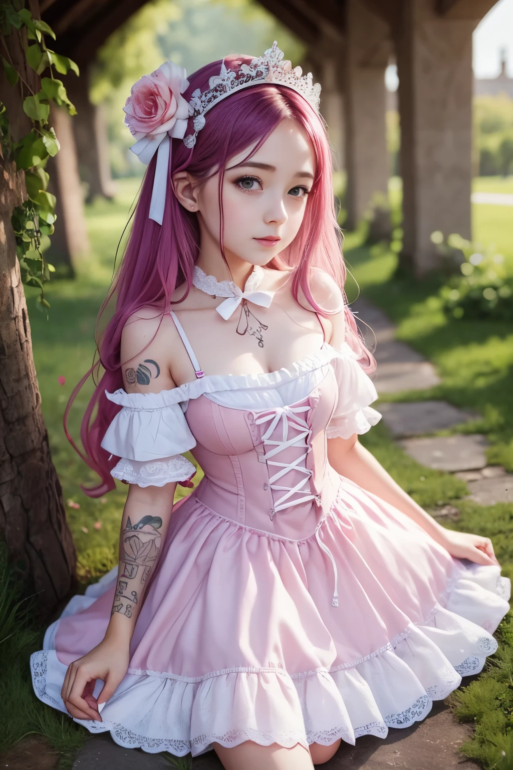 One girl, schoolgirl, Lolita, baby face, about 16 years old, ((wearing a very revealing pink Lolita wife costume)), (Bunny girl costume: 1.5, Bondage: 1.15, Lolita: 1.3, French maid: 0.3, Idol: 1.4, Lingerie: 1.5), (clothes that show through the skin)), (White stockings), white fishnet stockings, ((( Pink clothes)), bondage, (emphasizing breasts, showing off breasts), pink ribbons in hair, outdoors, rose arches, lots of flowers, best smile, twin tails, pink hair, hair fluttering in the wind, UHD, retina, masterpiece, ccurate, anatomically correct, textured skin, super detail, high details, high quality, award winning, best quality, highres, 1080P, HD, 4K, 8k, 16k