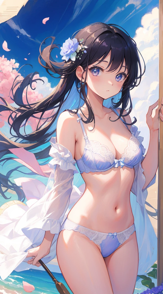 obra de arte、high resolution、1 garota em、Cute anime illustration、apenas na cueca、Lingerie Floral、Visual brilhante、seios grandes e cheios、