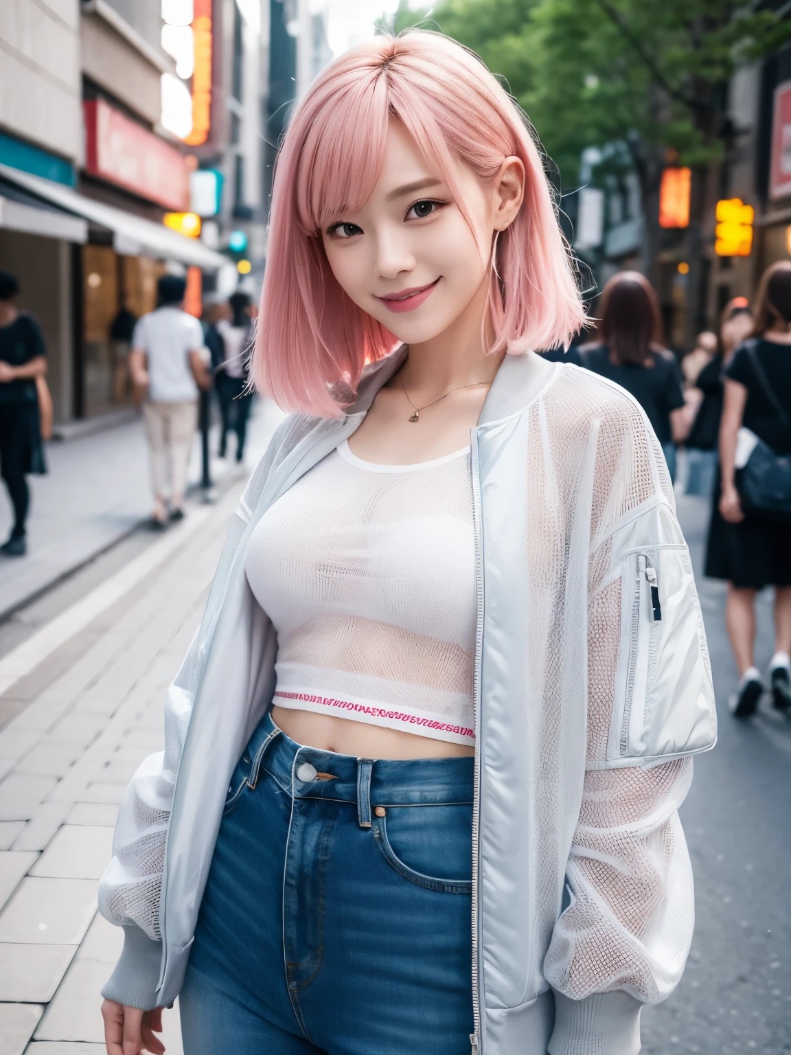wearing, ((mesh shirt)), bomber jacket, jeanse, breast focus, ((facing viewer)), ((smile)), at the street, japanese lady, pale skin, pink hair, ((standing)), high quality:1.3, Professional lighting:2.0 realistic:1.2, 4k resolution, detailed skin, masterpiece:1.1