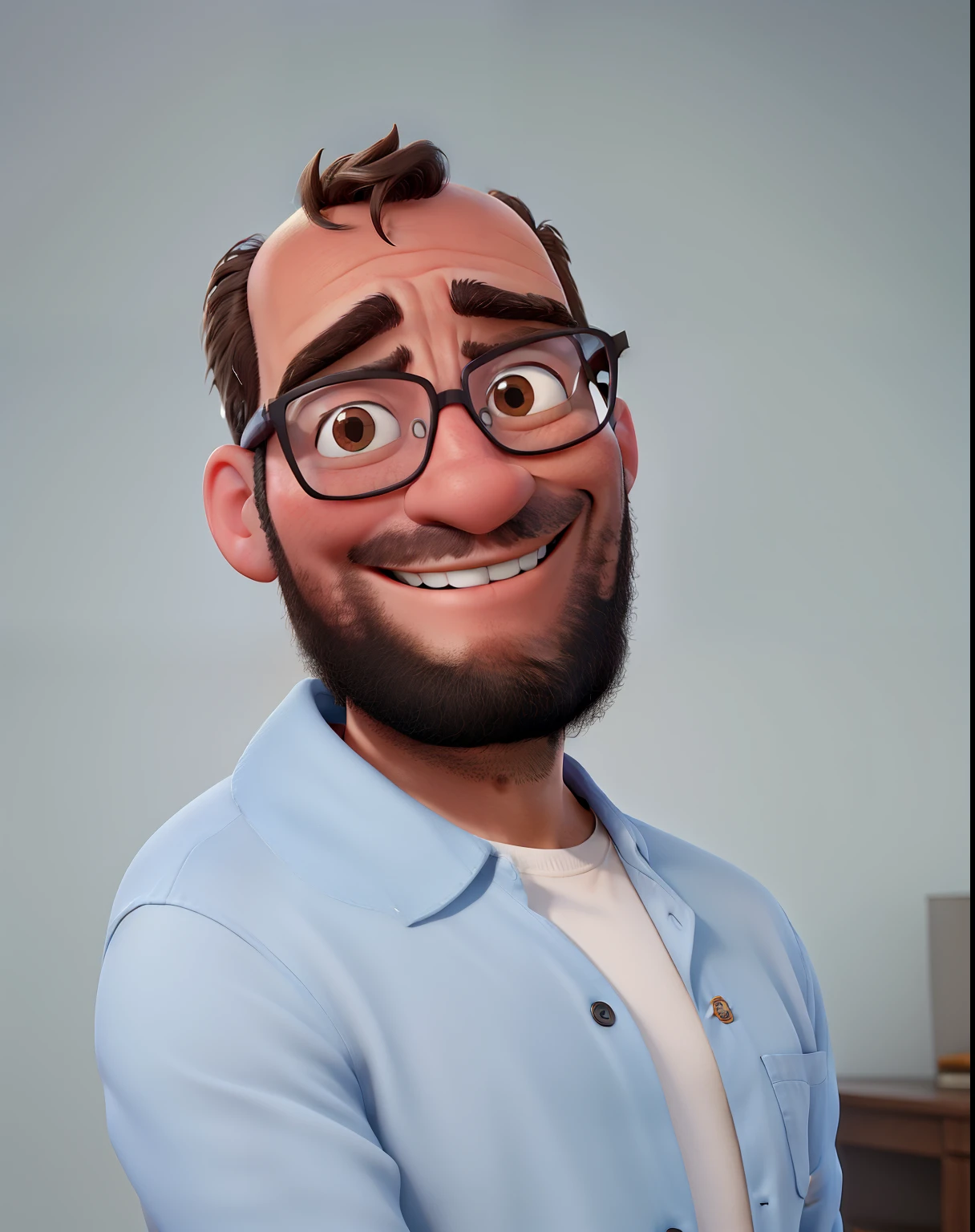 Man smiling and wearing glasses, no estilo disney pixar