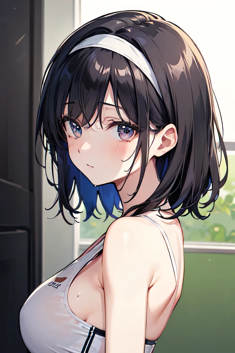 Upper body, alone , (amano yoshitaka:1.4),(haruhiko mikimoto:1.4),1 girl,(lower eyelashes:1.2),(80's:1.2),(sketch:0.8), black hair, (realistic:0.8),Masterpiece Top quality Super detailed detailed light Very delicate and beautiful ,beautiful fine hair&face&eye, Sweat, Upper body, medium breasts, wet skin, Shining sports good, hair band, From the side, arm behind head, armpit