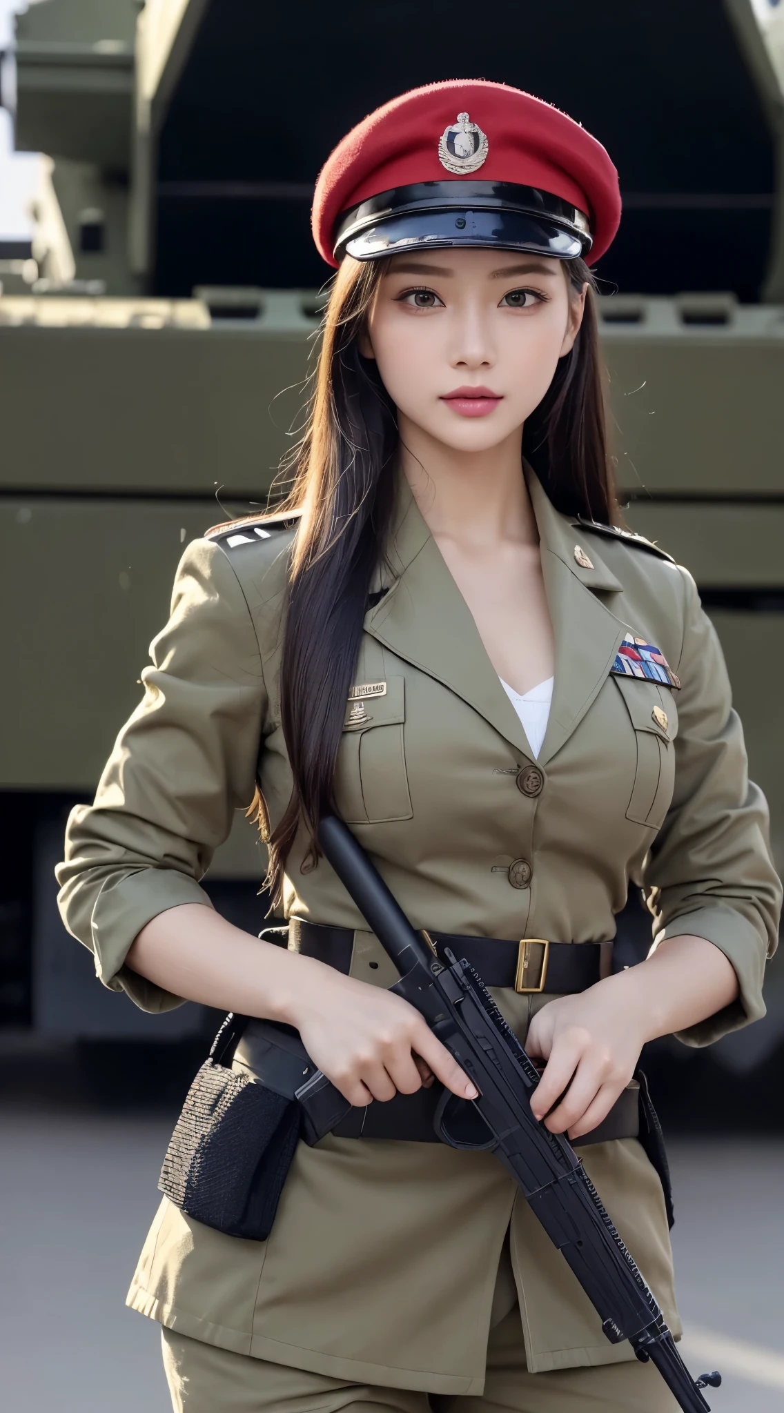 ((Best Quality, 8k, Masterpiece:1.3)), Focus:1.2, Perfect Body Beauty:1.4, ((Delicate Hair)), (Military Uniform:1.1), (Red Beret Army: 1.1), (Firearms: 1.1), (Soldier Uniform: 1.1), Military Coat: 1.1) Highly detailed face and skin texture, Detailed eyes, Double eyelids, whitening skin, Big breasts, smile, in the urban warfare, super detailed face, super detailed eyes, super detailed, hands, super detailed fingers, super detailed body, super fine body, super fine face, super fine eyes, super fine fingers, super fine hands, super fine foots, Holding firearms, rifle, Soldier, Perfect Soldier, weapon, rifle, special force, military, Super detailed firearms, Super Detailed Military Coat, Army, Super fine firearms, Super detailed Beret, Super detailed firearms, Super realistic firearms, super detailed rifle, super realistic, muscular, female soldier, Commissioned Officer, high ranking officer, general rank, with a view of the self-propelled artillery behind her, Super Detailed red beret, realistic view, perfect lighting, military vehicle, army beret, candid