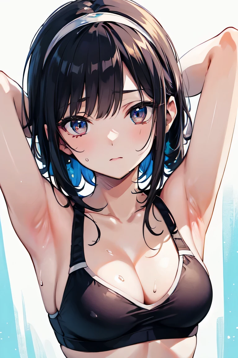 Upper body, alone , (amano yoshitaka:1.4),(haruhiko mikimoto:1.4),1 girl,(lower eyelashes:1.2),(80&#39;s:1.2),(sketch:0.8),(watercolor:0.6), (realistic:0.8),Masterpiece Top quality Super detailed detailed light Very delicate and beautiful ,beautiful fine hair&face&eye,Art Prints,Sweat, Upper body,  medium breasts, wet skin, Shining sports good, hair band, cleavage, black hair, arm behind head