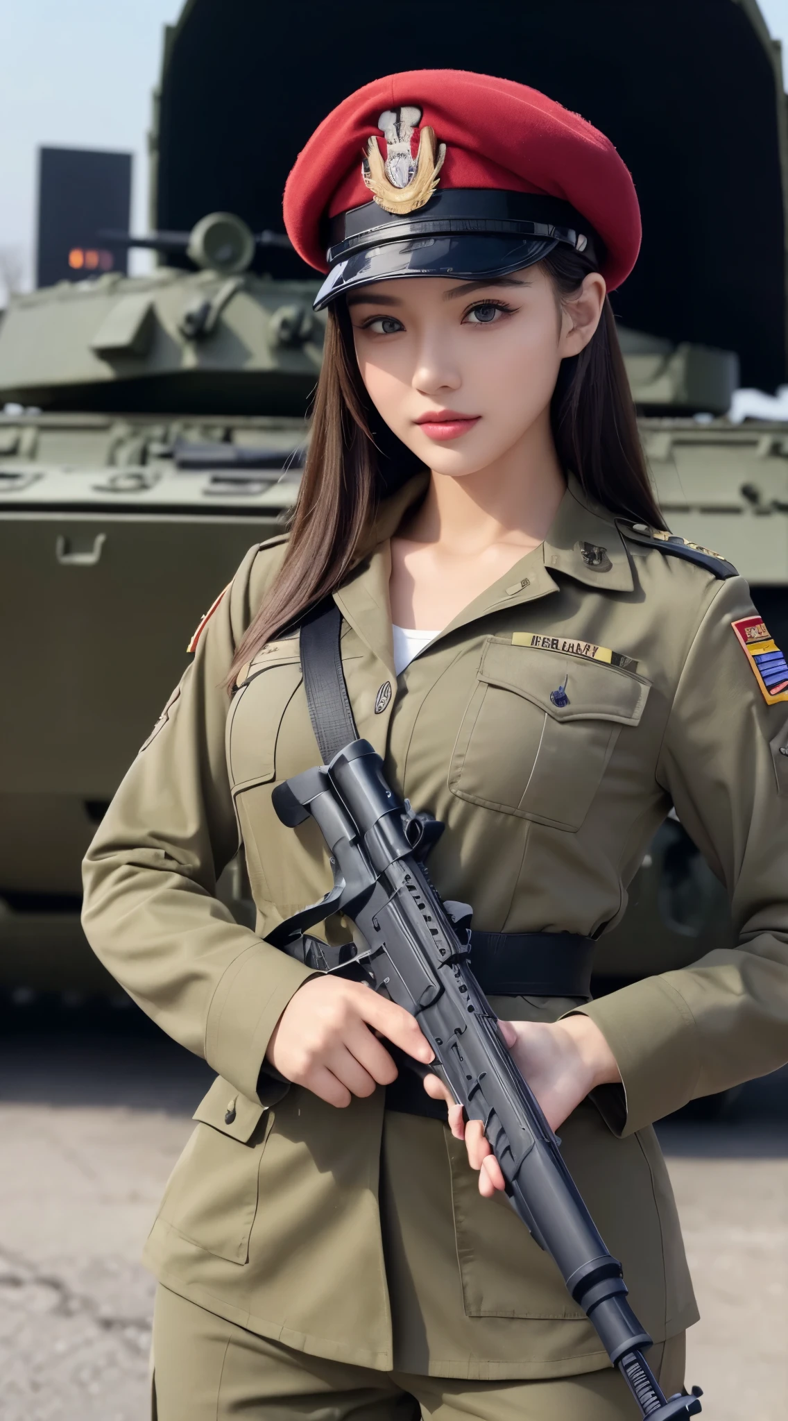 ((Best Quality, 8k, Masterpiece:1.3)), Focus:1.2, Perfect Body Beauty:1.4, ((Delicate Hair)), (Military Uniform:1.1), (Red Beret Army: 1.1), (Firearms: 1.1), (Soldier Uniform: 1.1), Military Coat: 1.1) Highly detailed face and skin texture, Detailed eyes, Double eyelids, whitening skin, Big breasts, smile, in the urban warfare, super detailed face, super detailed eyes, super detailed, hands, super detailed fingers, super detailed body, super fine body, super fine face, super fine eyes, super fine fingers, super fine hands, super fine foots, Holding firearms, rifle, Soldier, Perfect Soldier, weapon, rifle, special force, military, Super detailed firearms, Super Detailed Military Coat, Army, Super fine firearms, Super detailed Beret, Super detailed firearms, Super realistic firearms, super detailed rifle, super realistic, muscular, female soldier, Commissioned Officer, high ranking officer, general rank, with a view of the self-propelled artillery behind her, Super Detailed red beret, realistic view, perfect lighting, military vehicle, army beret, candid