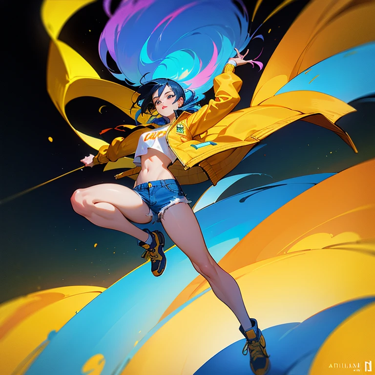 ((high quality)), ((masterpiece)), An asian blue hair girl, beautiful, wearing an yellow jacket, cropped white shirt, blue denim shorts, beautiful face, full body, colouful, cosmic, futuristic, detailed, golden hour, iridescent, vibrant, mark brooks, frank frazetta, david mann, kilian eng, jeff koons, digital paiting, surrealism, octane render, trending on artstation
