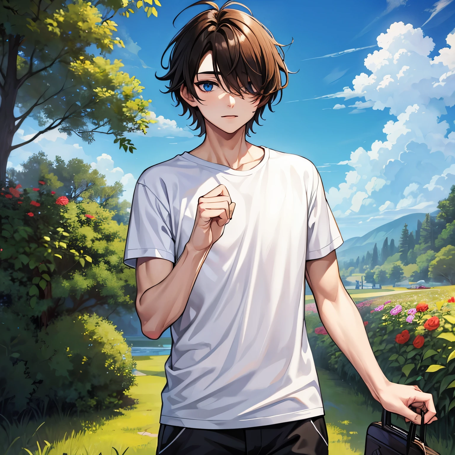 (masterpiece), best quality, hair over one eye, perfect face, (1boy, young man), solo, brown hair, messy hair, muscle growth, white t-shirt BREAK black pants BREAK standing, blue eyes BREAK flower garden, blue sky BREAK green hills BREAK grass 