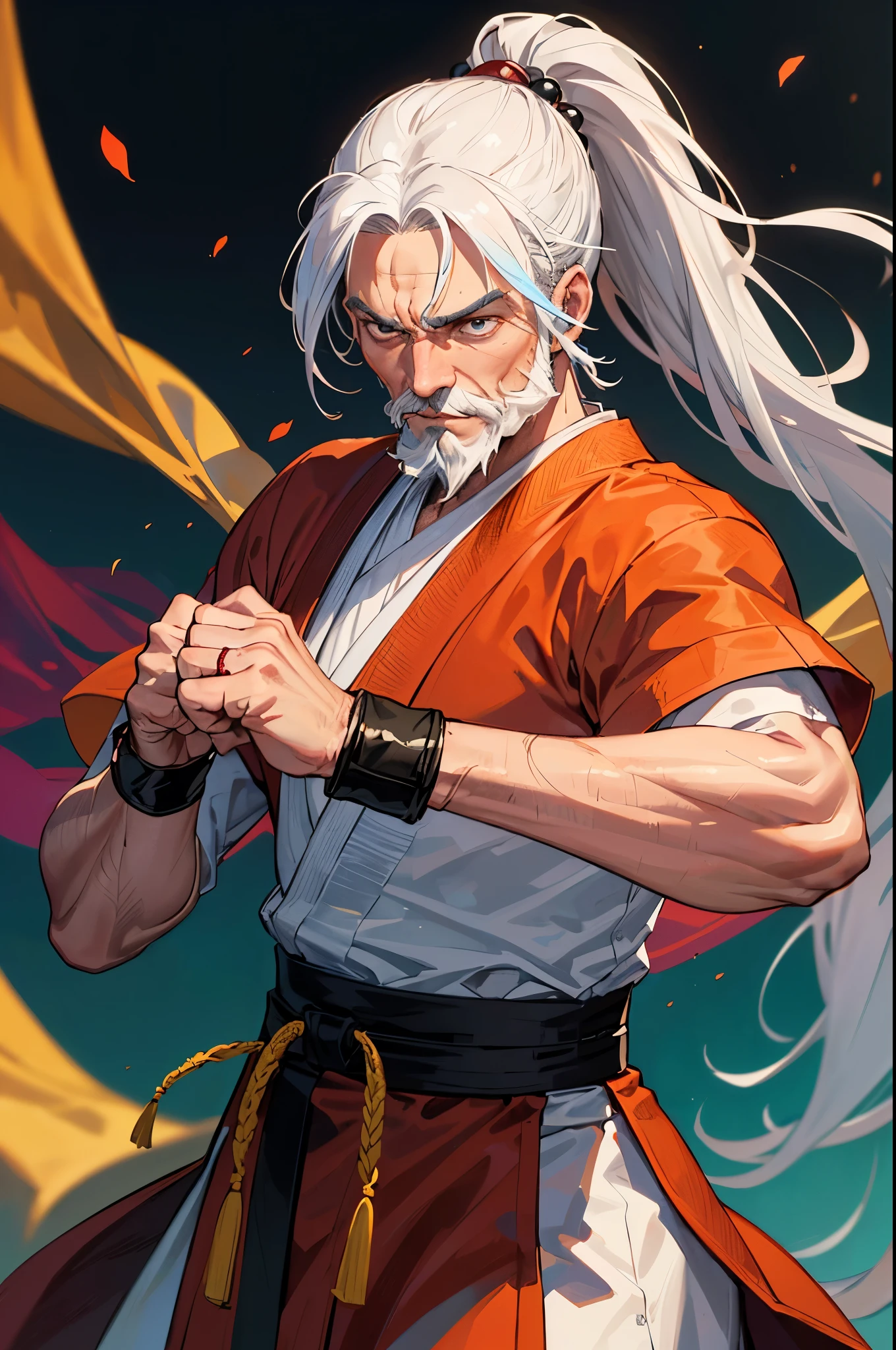 (a man, martial artist, monk, pugilist, clenched fists:1.2, pure white hair, ponytail, beard, colorful dark fantasy),(prayer beads, colorful monk attire, handwraps, ),(fist fighting pose),(best quality),(ultra-detailed),(realistic)