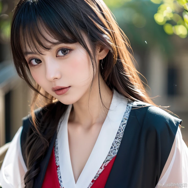 sorceress, girls, photographic, Super detailed details, intricate detail, cinematic angle, best detailed girl, focus on eyes, Exposing cleavage, soaked, longuette, beautiful detailed girl, 25 years old, long black hair, hime cut, Air bangs, eyes visible through hair, hair over shoulder, azure hair, beatiful detailed hair, absurdly long hair, Perfect face, light blush, tsurime, tongue out, perfect hands, huge breasts, light brown eyes, wet skin, red bow, kunder-rim eyewear, Kagura Suzu, japanese kimono, white sleeves, detailed wet clothes, sunlight, Gothic architecture, chinese new year, warm, wallpaper 8k CG, ultra-detailed, detailed and intricate,