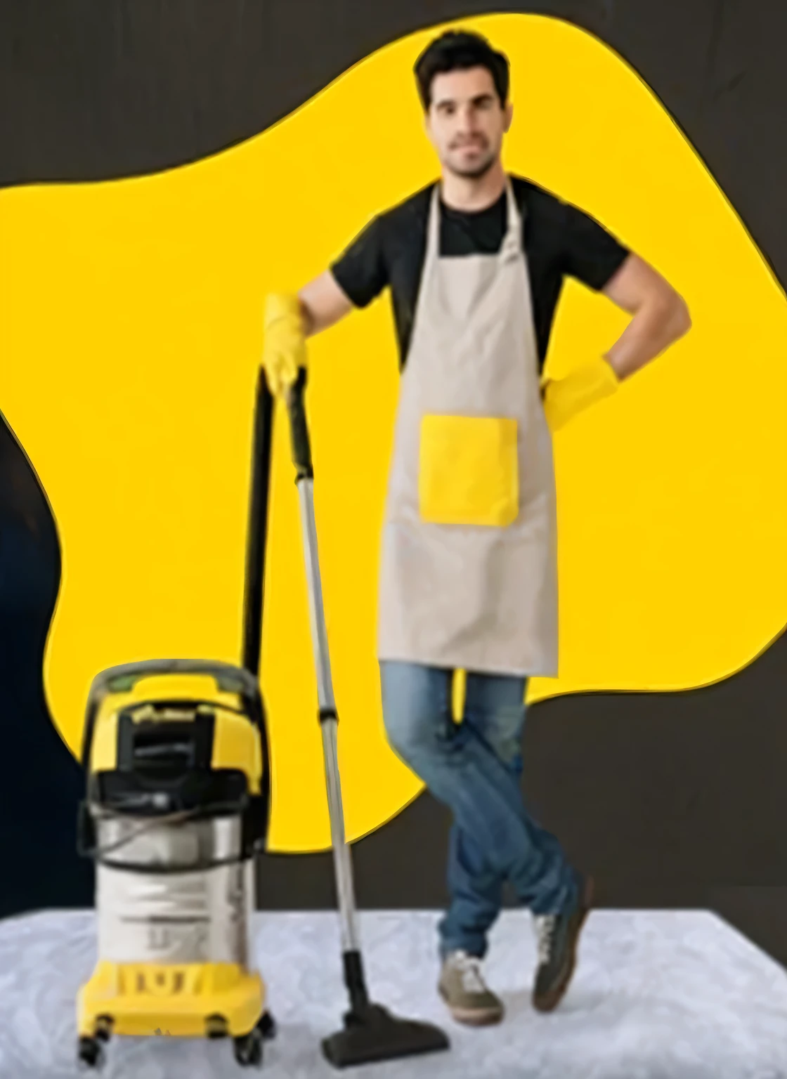 a man in an apron next to a vacuum cleaner, tapete amarelo, limpando o futuro, foto comercial, em uma tela amarela, pintura profissional, yellow and charcoal, com panos amarelos, imagem mais limpa, 8 k limpando o futuro, 8k limpando o futuro, limpo e arrumado, esquema de cores amarelo e preto, yellow charcoal, extremamente limpo, foto profissional do produto