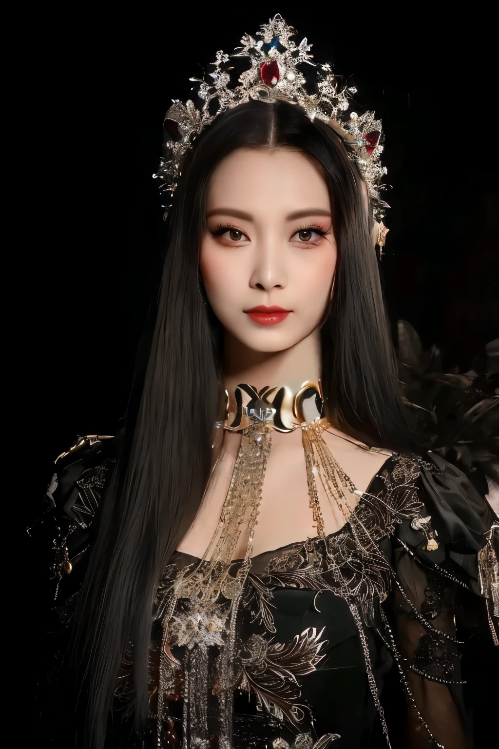 um close up de uma mulher usando uma coroa e um colar, uma linda imperatriz de fantasia, ((uma linda imperatriz de fantasia)), linda rainha feminina vampira, Xianxia fantasy, Inspirado por Lan Ying, linda rainha vampira, Xianxia, beautiful and elegant demon queen, Inspirado por Qiu Ying, Coroa preta longa, com coroa, full body Xianxia, majestic gothic