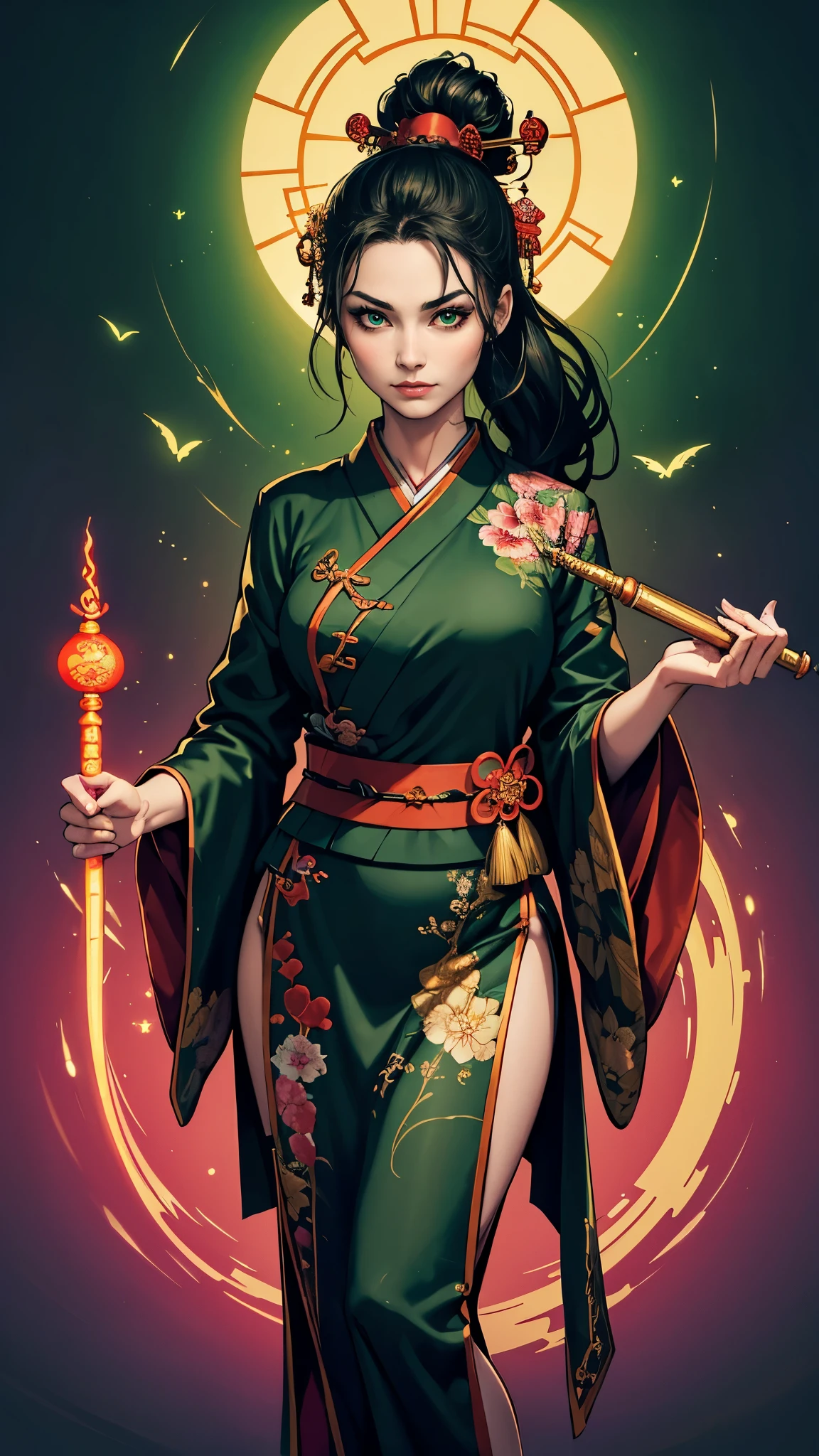 (masterpiece, high quality, absurdity), Detailed eyes and face, Chinese magic costume, ((chinese kimono)), Lace-up sandals, magic, Exorcism of spirits, Chinese monastic outfit, the flute, Play the the flute, bright colors, neon lights, A magical forest, day, sun in the sky, Devil Cult Master, chinese sword, water drop, very green, 1 woman, black long wavy hair, Messy hair bun, hair pulled back into a ponytail, green eyes, perfect face, perfect body, ((Best quality)), ((masterpiece)),