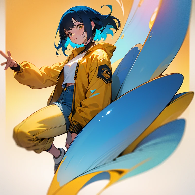 ((high quality)), ((masterpiece)), 8k, 2girls, An asian blue hair girl, beautiful, wearing an yellow jacket, cropped white shirt, blue denim shorts, beautiful face, full body, colouful, cosmic, futuristic, detailed, golden hour, iridescent, vibrant, , digital paiting, surrealism, octane render, trending on artstation