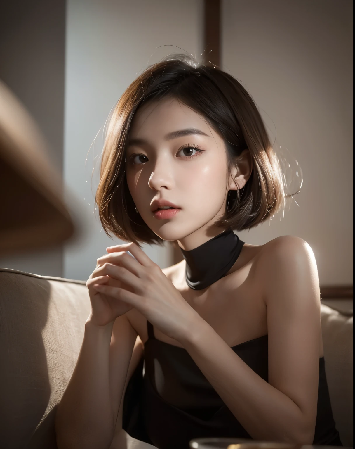 (Best quality, 8k, 32k, Masterpiece, UHD:1.2) "Produce a captivating art piece featuring a girl with a stylish bob haircut, illuminated by dramatic and cinematic lighting that accentuates the contours of her face and hair. Create an atmosphere that exudes intrigue and depth, with shadows and highlights playing a central role in defining the scene. The lighting should emphasize the girl's features and add an extra layer of drama to the composition, making it visually striking and evoking a sense of mystery and allure."