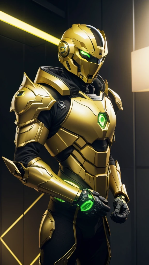 Man with golden helmet and yellow eyes and cybernetic armor with bright green lights illuminating the environment and golden shoulder armor and cybernetic gloves on his hands and yellow smoke coming out of the body and highly detailed RTX on Ray tracing 4k ultra HD atmospheric lighting