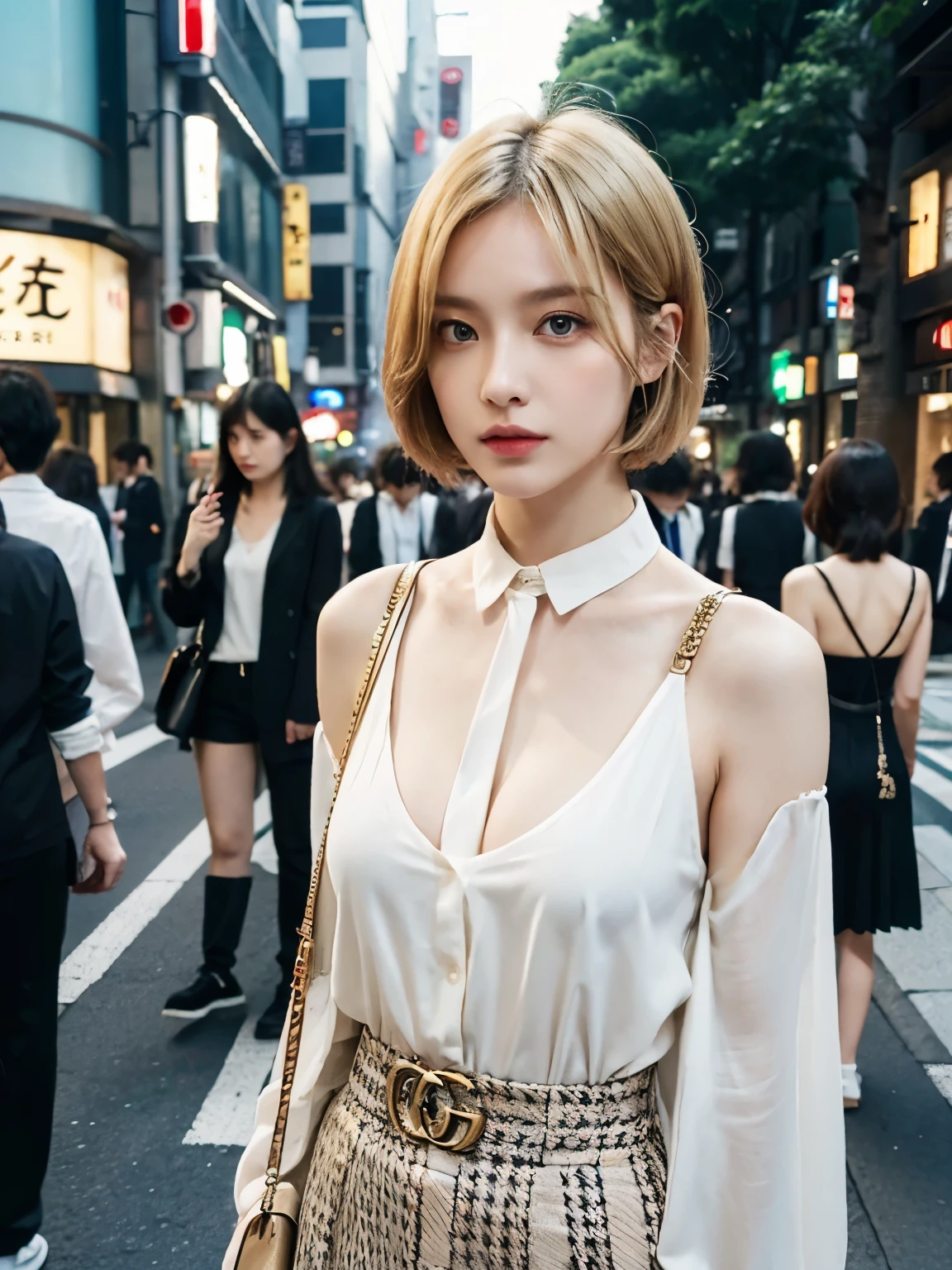 Bewitching eyes, well-balanced eyes, //street snap //wearing fashionable gucci clothes, //breast focus, ((facing viewer)), //at the street in tokyo, //japanese lady, pale skin, short hair, gold hair //((standing)), high quality:1.3, Professional lighting:2.0 realistic:1.2, 4k resolution, detailed skin, masterpiece:1.1