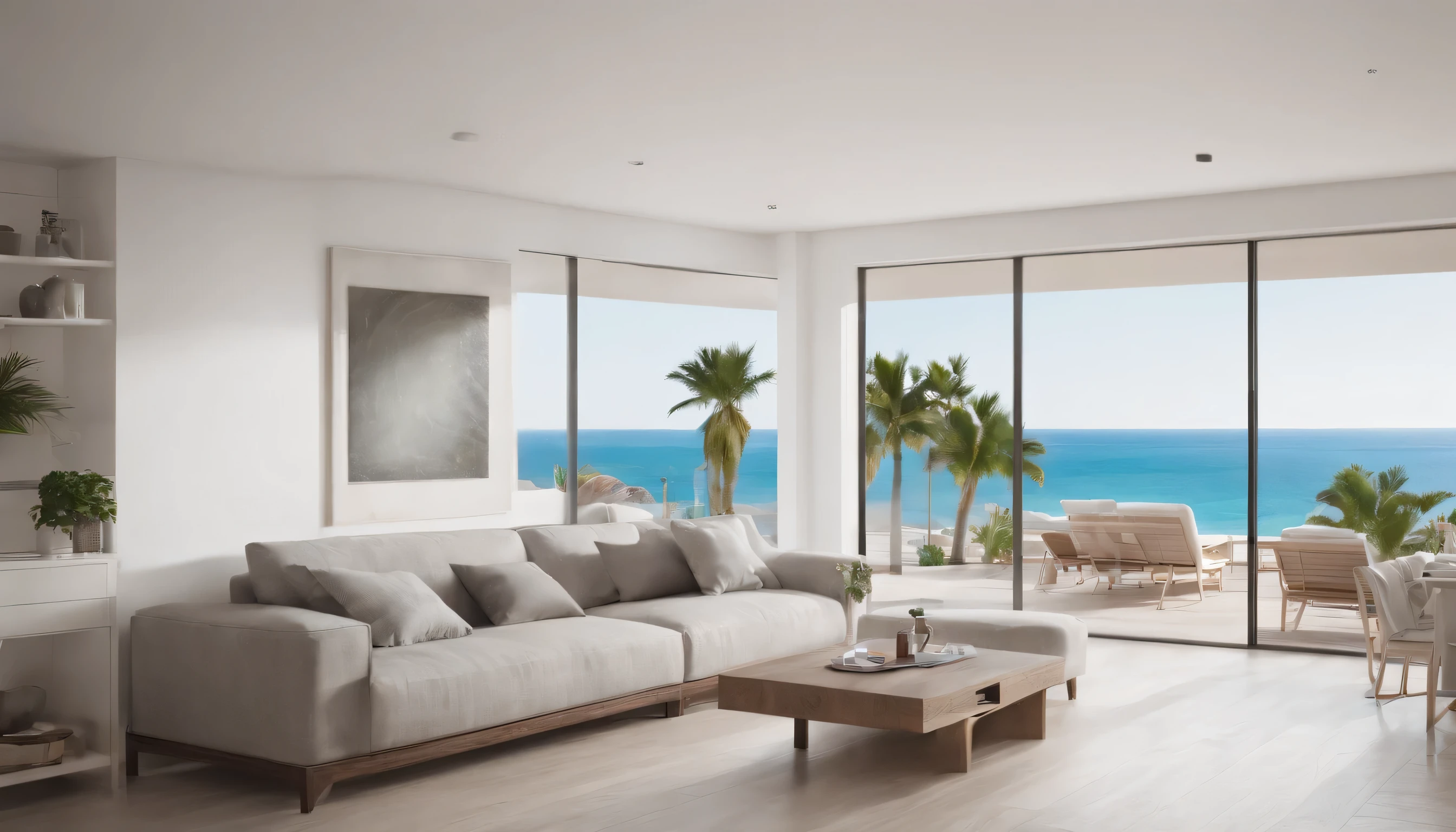 Lots of details, 8K, without people, tv set, Sofa, room, age Style, Lots of games, posters, photo realistic, HDR, floor to ceiling large glass windows, ocean view, palm trees