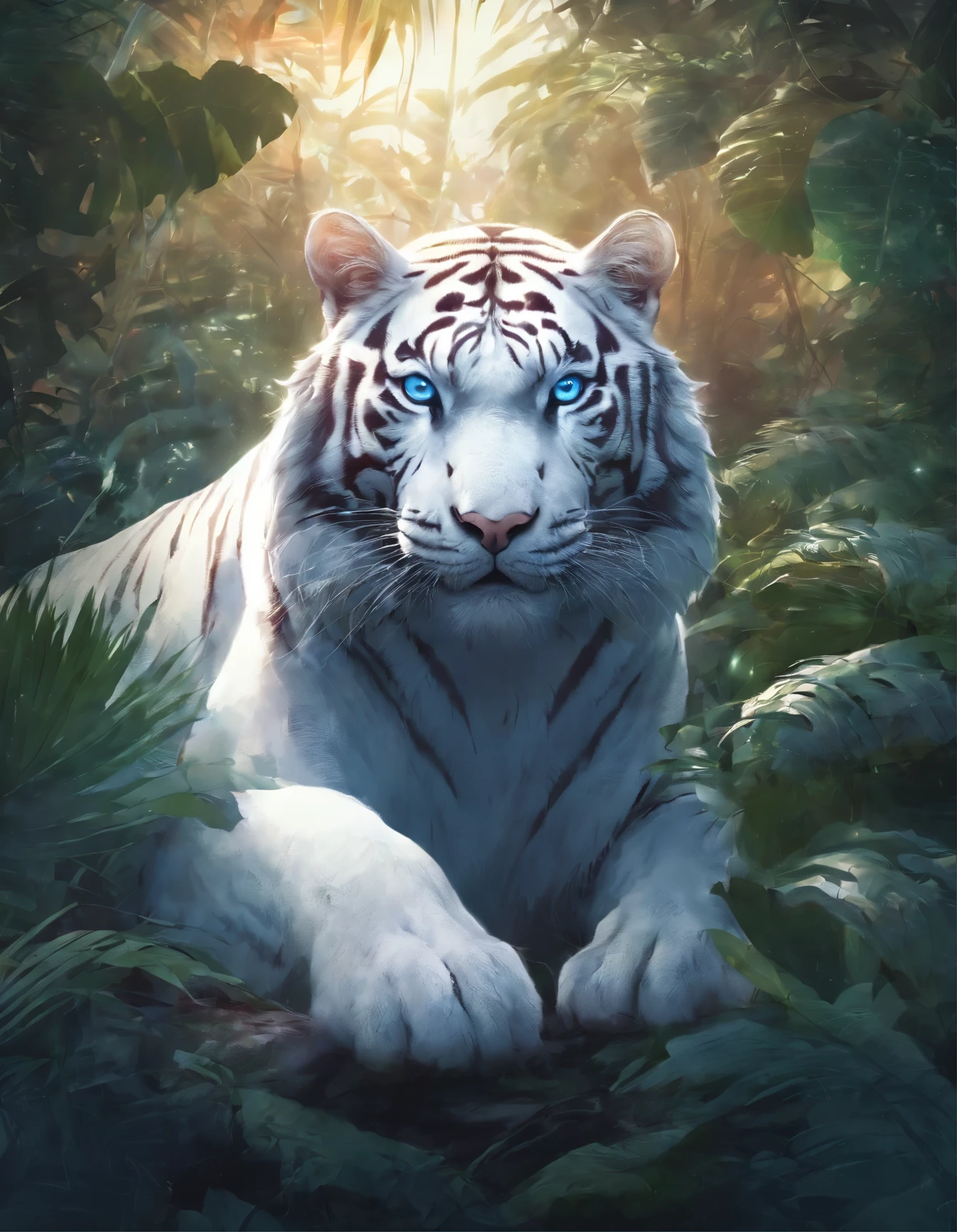 divinity,Ferocious,gargantuan,with light glowing,Glow effects,the night,Full body like, highly detailed surreal vfx,oc rendered,Shot with 70 mm - AR 16:9 --q 2 --s 1000, ((top-quality, 8K)), (Realistic), (Face Focus: 1.1), white tiger, under the star sky, surrounded by tropical plants blue eyes, moon, 8K, eye details