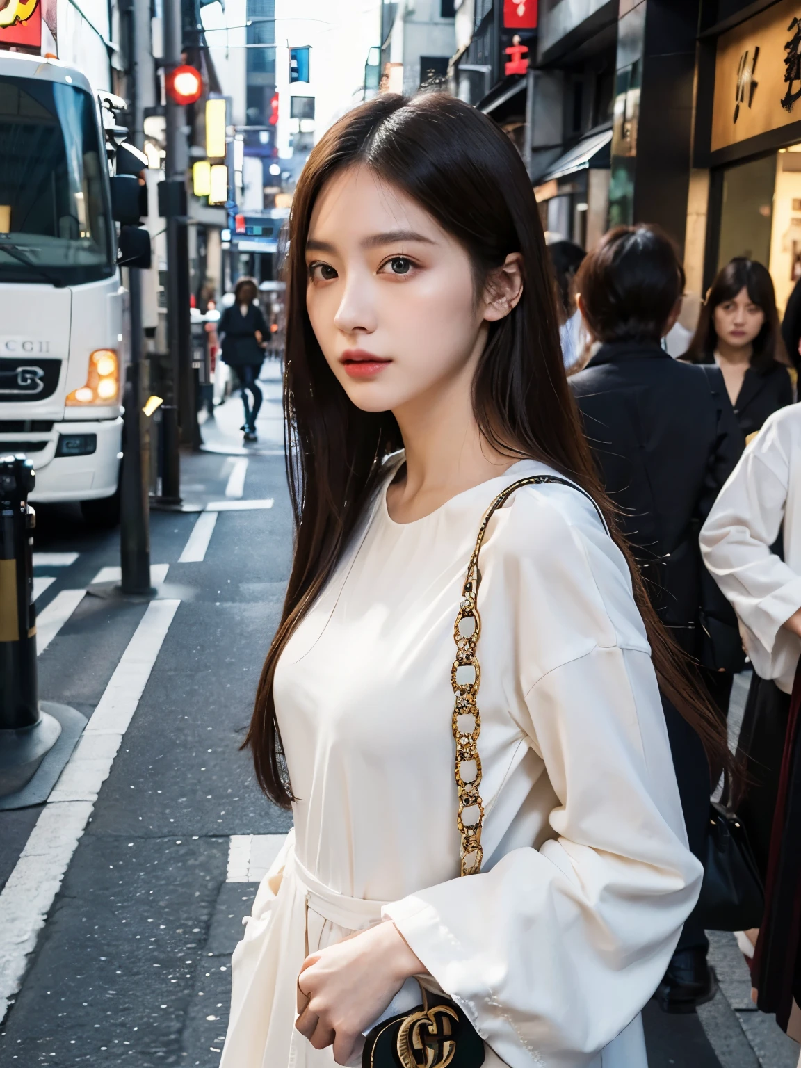 Bewitching eyes, well-balanced eyes, //street snap //wearing fashionable gucci clothes, //breast focus, ((facing viewer)), //at the street in tokyo, //japanese lady, pale skin, long hair, //((standing)), high quality:1.3, Professional lighting:2.0 realistic:1.2, 4k resolution, detailed skin, masterpiece:1.1