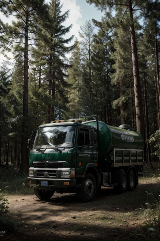 a small petrol truck is parked in the forest, (masterpiece:1.3), portrait, simple_background, black_background,