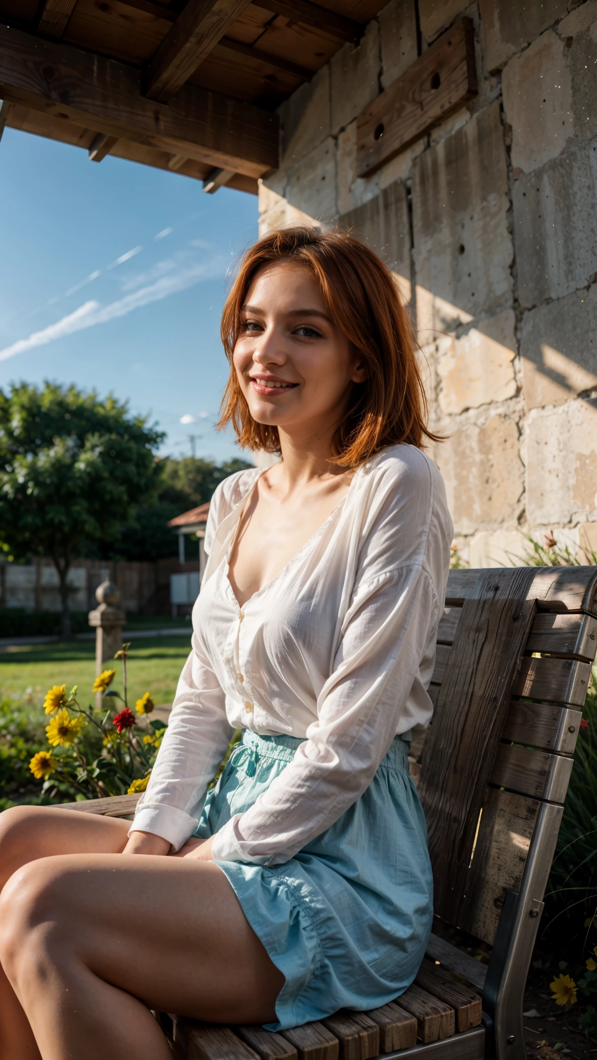 8k,Russian girl, Russian traits, natural red hair,1girl, maxilar bonito, Alto detalhado, peitos perfeitos, high ilumination, realistic, 8k raw,rosto detalhado, Red hair, olhando para o espectador, jewelry, (franja) sardas (olhos azuis) cabelo curto, corpo inteiro, short hair style, short red hair style, Under the blue sky, Maria danced among the colorful flowers, her smile radiating joy as sunbeams caressed her face. Wearing a light dress in soft hues, her hair swayed gently in the breeze.and the scent of flowers filled the air as she immersed herself in the tranquility of the field. colorful atmosphere, vestido cores vivas, soft, lying on the chair, cabelo flutuante, por do Sol no fundo, sol, side view, modelo de lado, sexy, wood chair, pussy,
