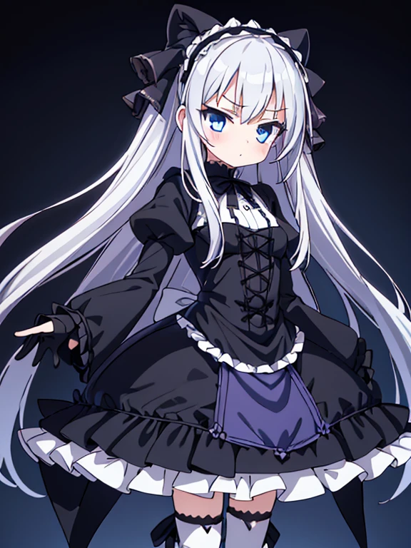 best quality,[[[[[[[[extra limbs]]]]]]]],[[[[extra digit]]]],[[[[fewer digit]]]],(1girl),(woman),full body,wariza,pale skin,(((petite))),silver hair,((long hair)),straight hair,[[[hair band]]],blue eyes,blush,((small breasts)),(((black gothi ta))),clothes gothic coat,grilled skirt,boots,elbow gloves,megami magazine,