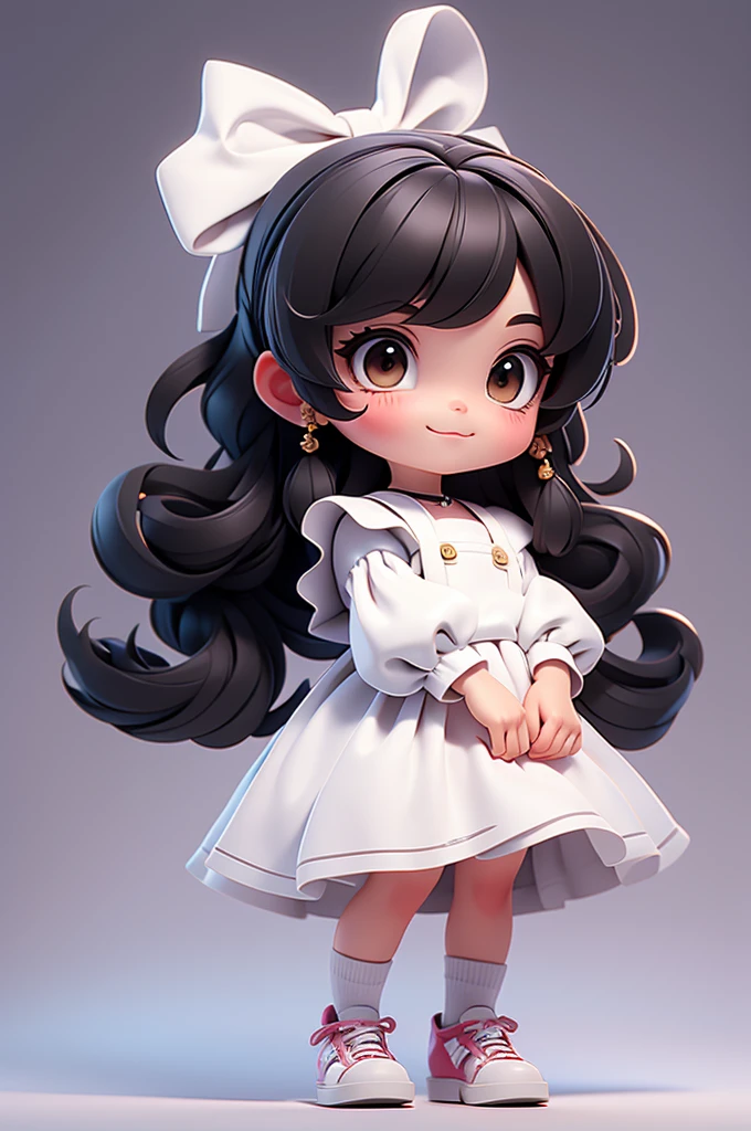 masterpiece, best quality, a cute chibi girl smiling, ((black)) hair, (((white pinafore dress))), (((short puffy sleeves shirt))), white hairbow, shite socks, (((black))) mary jane pumps, school backpack, (((full body)))