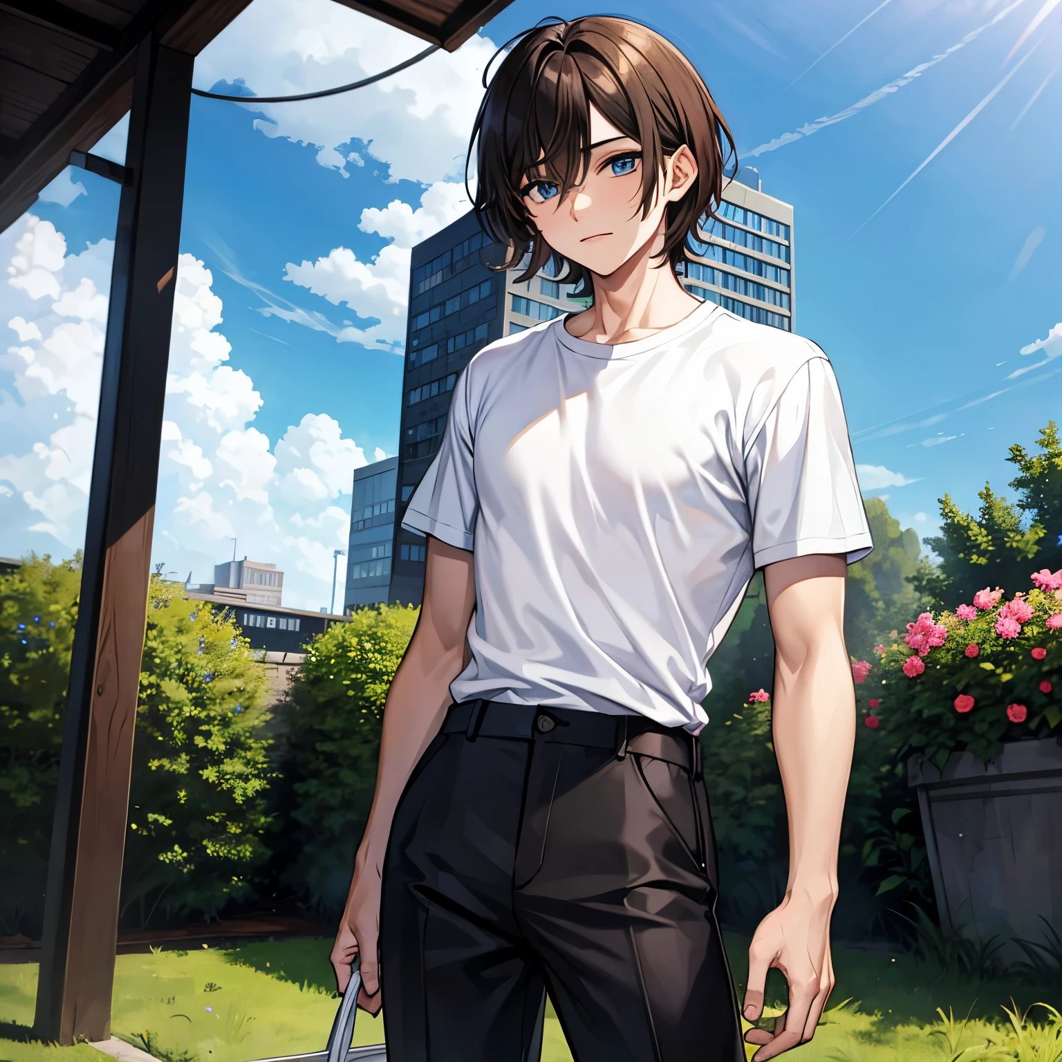 (masterpiece), best quality, hair over one eye, perfect face, (1boy, young man), solo, brown hair, messy hair, muscle growth, white t-shirt BREAK black pants BREAK standing, blue eyes BREAK flower garden, blue sky BREAK green hills BREAK grass 