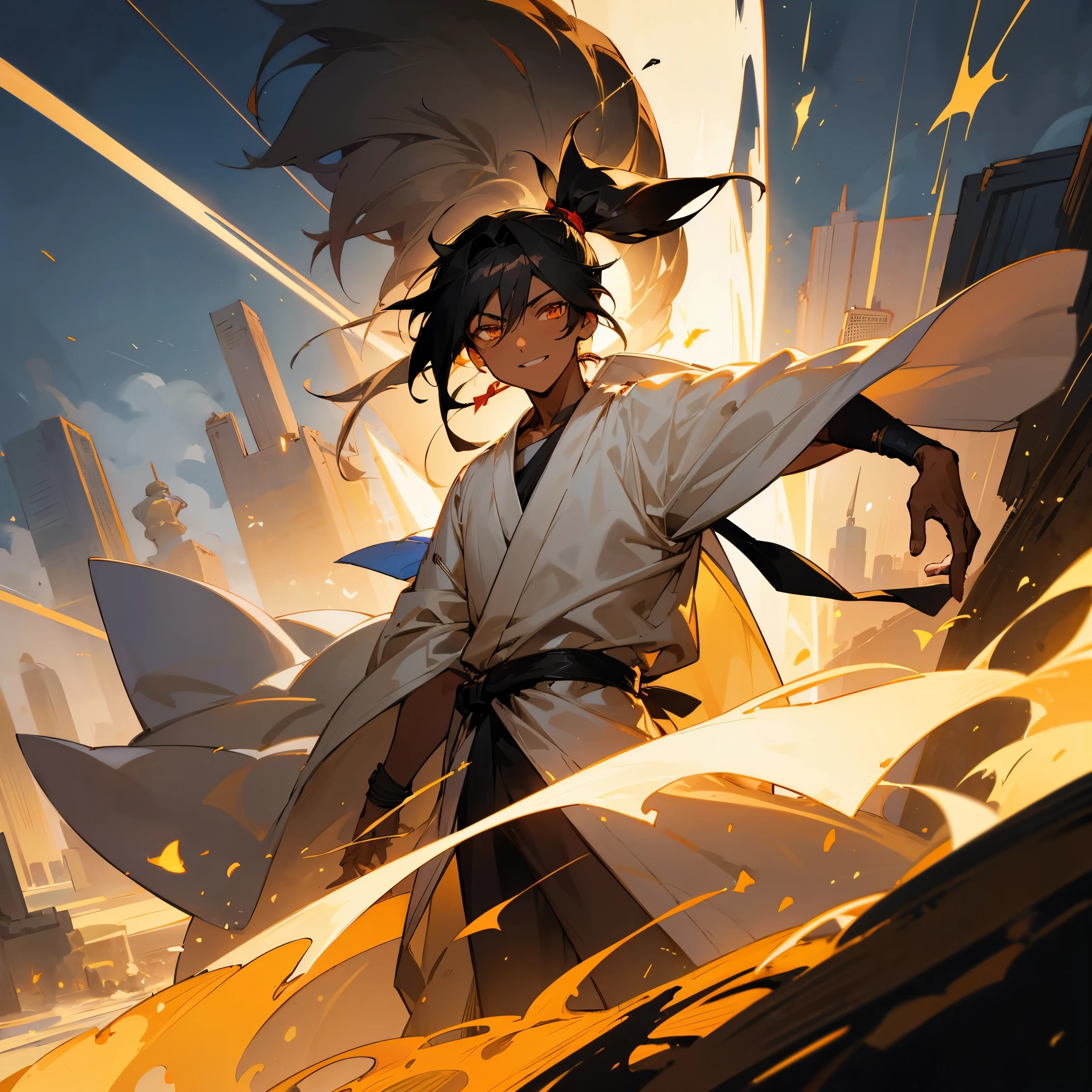 Dark Skin , Madara Hair , Black Hair , Golden Eyes , White Robes , Lighthearted Expression , Messy black hair , sandy city background , 1male , Young Male , Male , Traveler clothing , Short low ponytail