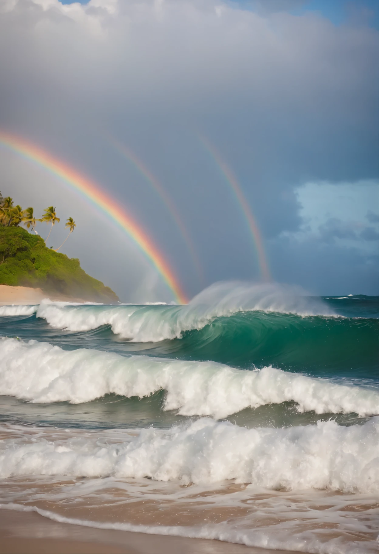 A tubular wave, with a beautiful rainbow, in a tropical setting, forms a magnificent vision of colors and natural beauty. The perfection of the wave is accentuated by the vibrant presence of the rainbow, creating a paradisiacal scene. Photographed by Marina Lima, directed by André Oliveira, the image captures the magic of surfing in a tropical environment, where the combination of waves and rainbows results in a visual masterpiece. A unique representation of nature in its splendor, transporting the viewer to a tropical paradise full of colors and positive energy. --v 5 --q 2