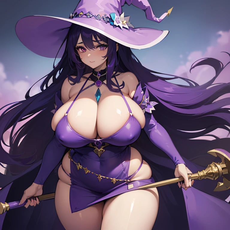 ((1 curvy woman)),((with long purple hair)),((huge breasts)),((with a big dress, purple and blue, a cut on her breasts)),((and holding an erome staff box)),((with a purple and pink witch hat, with one blue and one purple eye)),standing at night