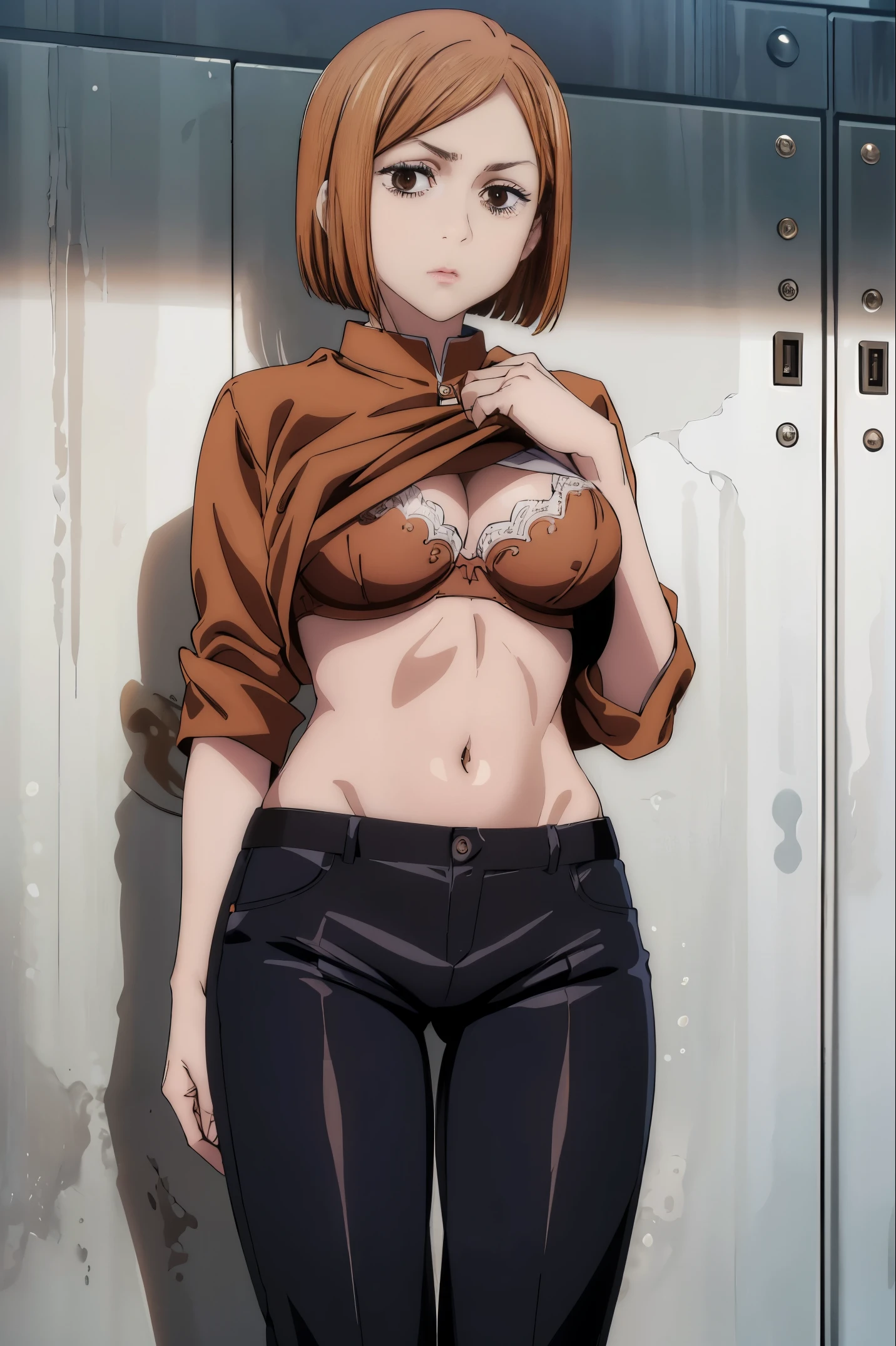 (masterpiece), (best quality), (ultra-detailed), (best illustration), (best shadow), (absurdres), nobarakugisakinova, short hair, orange hair, ((brown eyes)), kugisaki nobara, (shirt lift), 1girl, solo, bangs, looking at viewer, thighs, standing, bra, fitting room, pants pull, panties, 