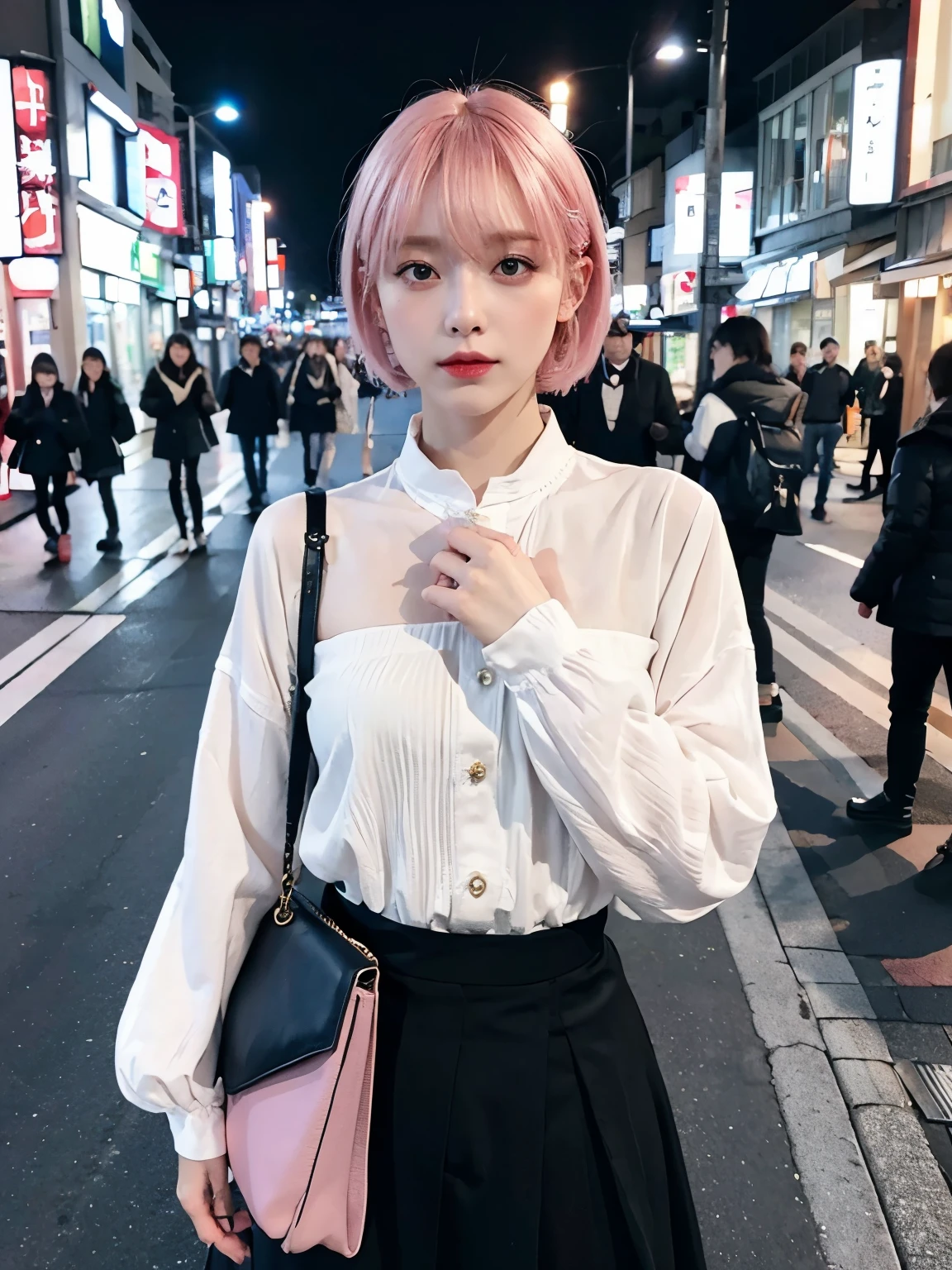 Bewitching eyes, well-balanced eyes, //street snap //wearing fashionable Kalevala clothes, //breast focus, ((facing viewer)), //at the street in tokyo, //japanese lady, pale skin, short hair, pink hair //((standing)), high quality:1.3, Professional lighting:2.0 realistic:1.2, 4k resolution, detailed skin, masterpiece:1.1