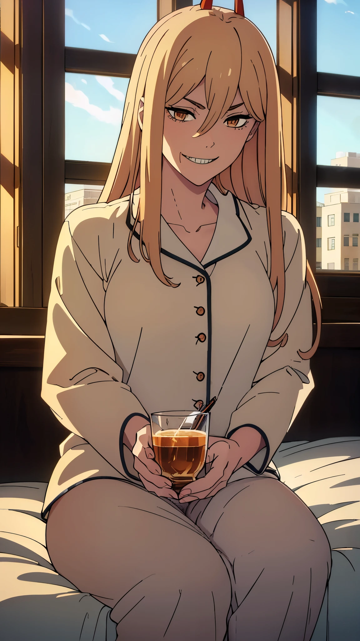 masterpiece, detailed, (power:1.1), blonde hair, hair between eyes, smirk, sharp teeth, standing, sitting on a bed, no clothes on, wearing pajamas, drinking whiskey, (sleepy face), stretches, smiling, warm sunlight from windows