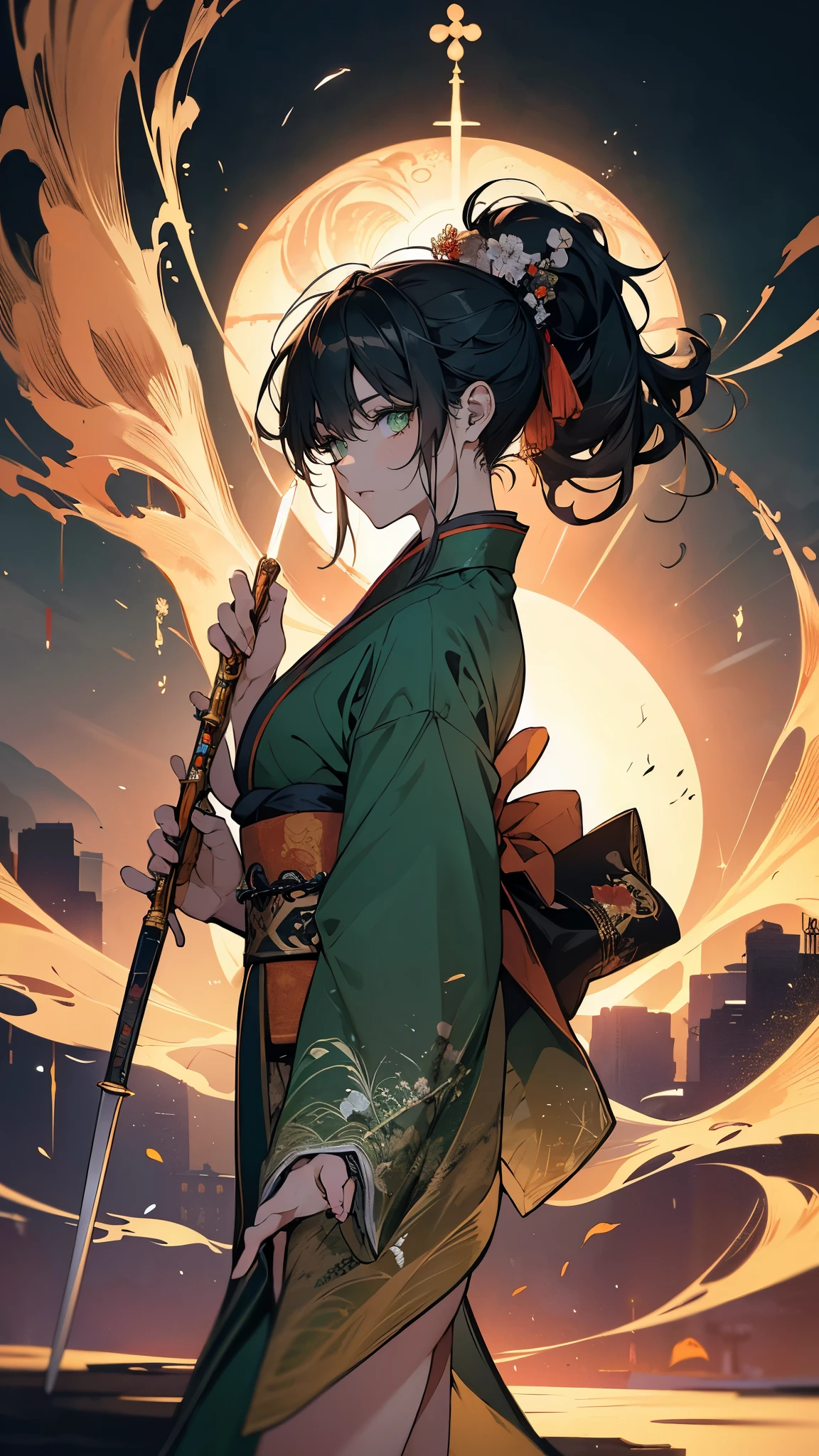 (masterpiece, High quality, absurdity), Detailed eyes and face, Chinese magic costume, ((chinese kimono)), Lace-up sandals, magic, Exorcism of spirits, Chinese monastic attire, the flute, Play the the flute, bright colors, neon lights, A magical forest, day, The sun in the sky, Master of the Devil Cult, Chinese Sword, water drop, very green, 1Woman, black long wavy hair, Messy hair bun, Hair gathered in a ponytail, green eyes, perfect face, perfect body, ((Best quality)), ((masterpiece)),