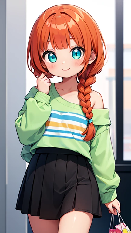 Gamer girl, smiling, with reddish-orange hair, short braids hairstyle and straight bangs on the sides. a strand of hair shaped like a water drop protruding from her head. Cyan eyes, light brown skin. She wears an off-the-shoulder lime green sweatshirt and a black skirt.