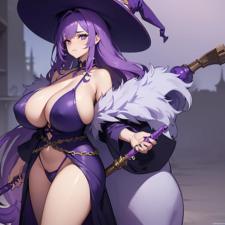 ((1 curvy woman)),((with long purple hair)),((huge breasts)),((with a big dress, purple and blue, a cut on her breasts)),((and holding an erome staff box)),((with a purple and pink witch hat, with one blue and one purple eye)),standing at night