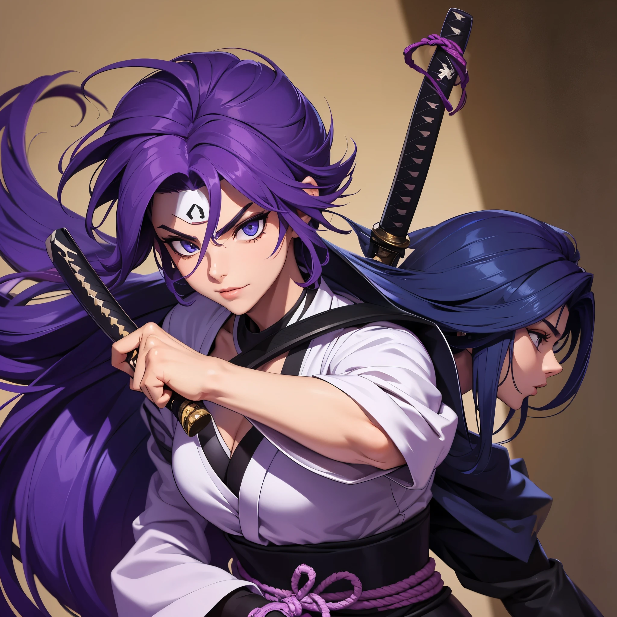 Garoto de cabelo roxo longo usando uma katana roxa