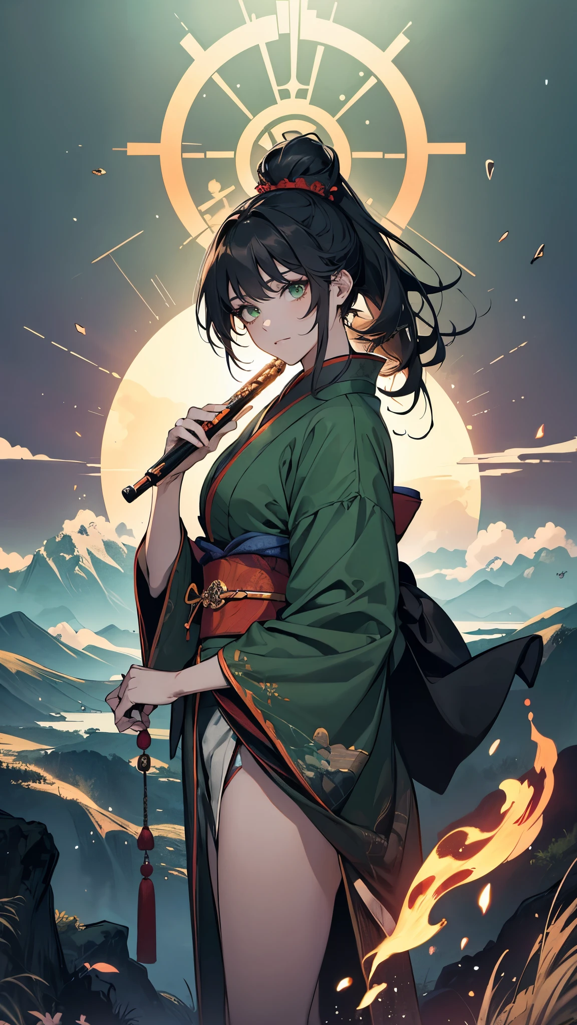 (masterpiece, High quality, absurdity), Detailed eyes and face, Chinese magic costume, ((chinese kimono)), Lace-up sandals, magic, Exorcism of spirits, Chinese monastic attire, the flute, Play the the flute, bright colors, neon lights, A magical forest, day, The sun in the sky, Master of the Devil Cult, Chinese Sword, water drop, very green, 1Woman, black long wavy hair, Messy hair bun, Hair gathered in a ponytail, green eyes, perfect face, perfect body, ((Best quality)), ((masterpiece)),