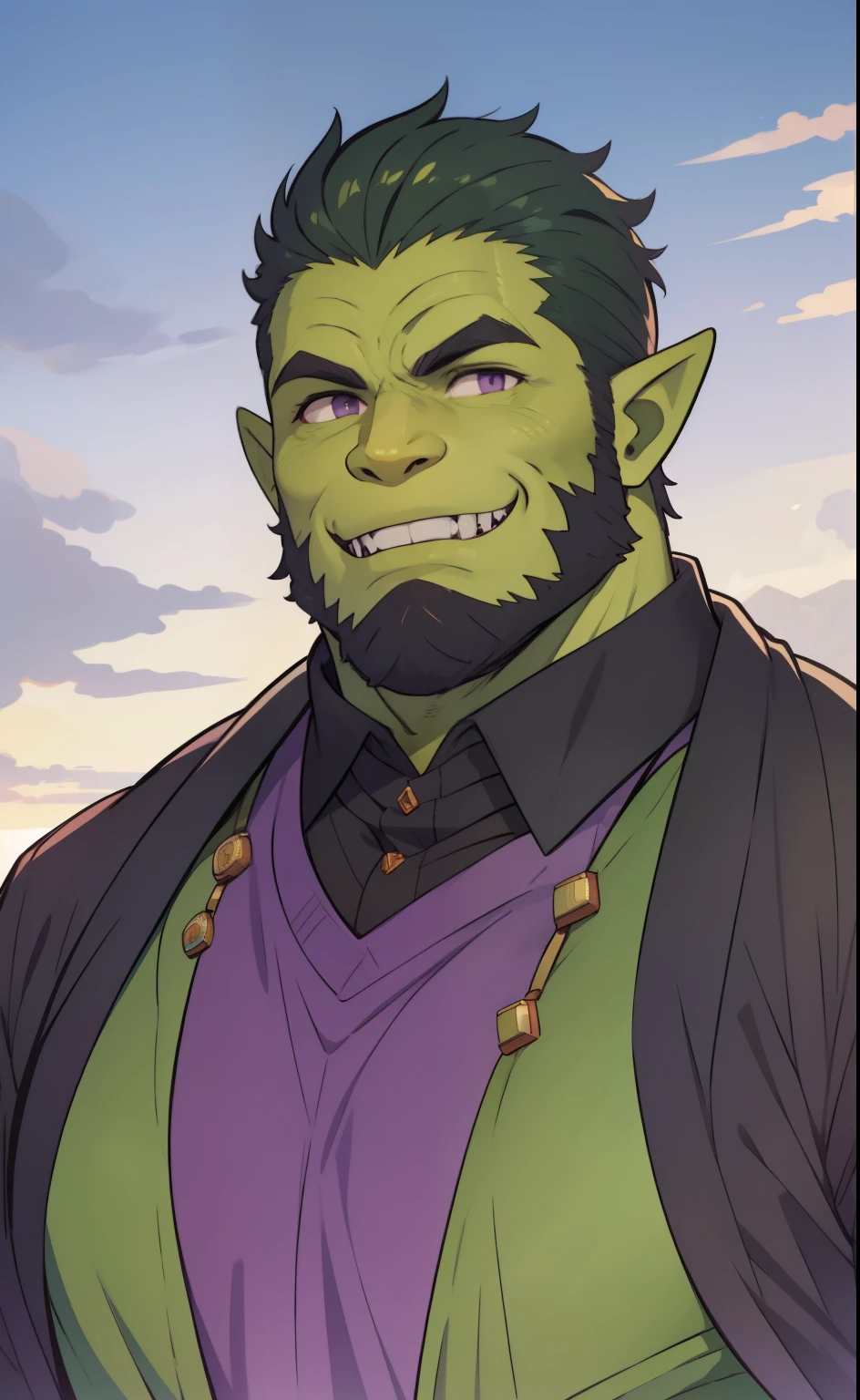 Large medieval tower in the background, 1 orc, orc male, (((green skin))), (((fangs))), old mature chubby male, black hair, grizzly hair, black beard, purple eyes, bara, fat, wearing a magical suit, black and purple suit, elsword style, happy expression, high resolution:1.2, best quality, master part, daylight, Reflection of lens, upper body shot