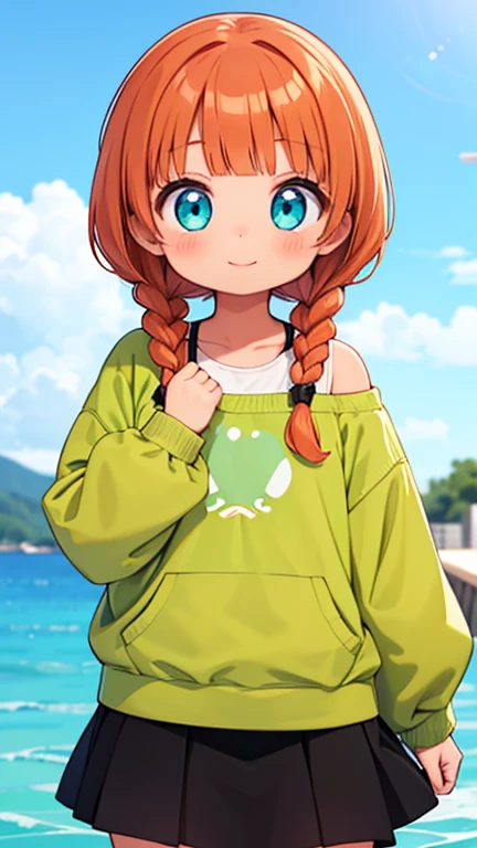 Girl, smiling, with reddish-orange hair, hairstyle with short braids and straight bangs on the sides. With a strand of hair shaped like a water drop protruding from her head. Cyan eyes, light brown skin. She wears a lime green sweatshirt below her shoulders, and a black skirt.
