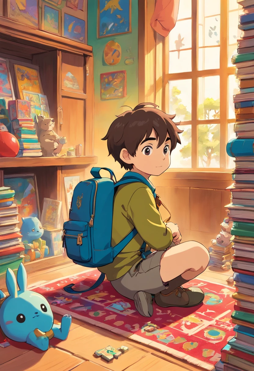 An artistic representation of a little boy with a backpack, sitting cross-legged on a colorful rug in a classroom corner, surrounded by educational toys, puzzles, and books, creating a playful and engaging learning environment.