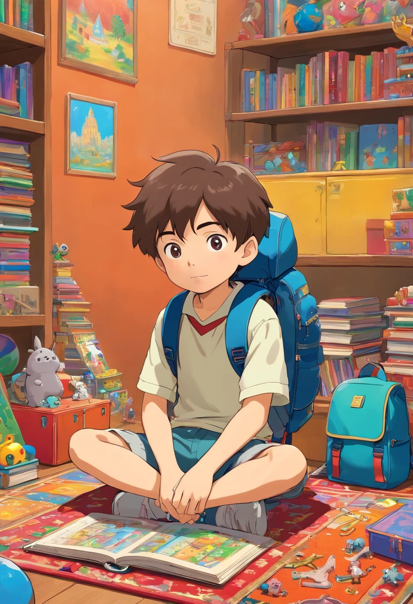 An artistic representation of a little boy with a backpack, sitting cross-legged on a colorful rug in a classroom corner, surrounded by educational toys, puzzles, and books, creating a playful and engaging learning environment.