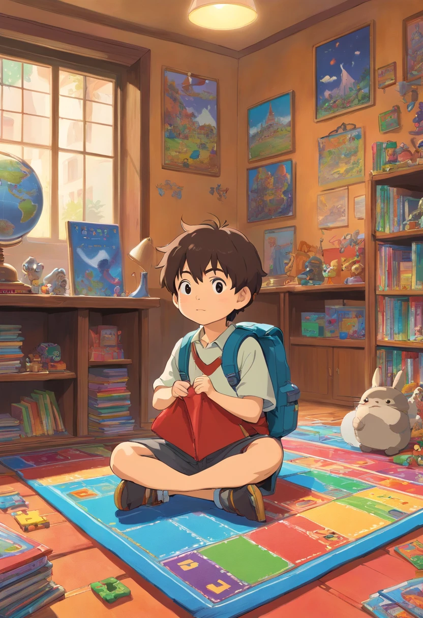 An artistic representation of a little boy with a backpack, sitting cross-legged on a colorful rug in a classroom corner, surrounded by educational toys, puzzles, and books, creating a playful and engaging learning environment.
