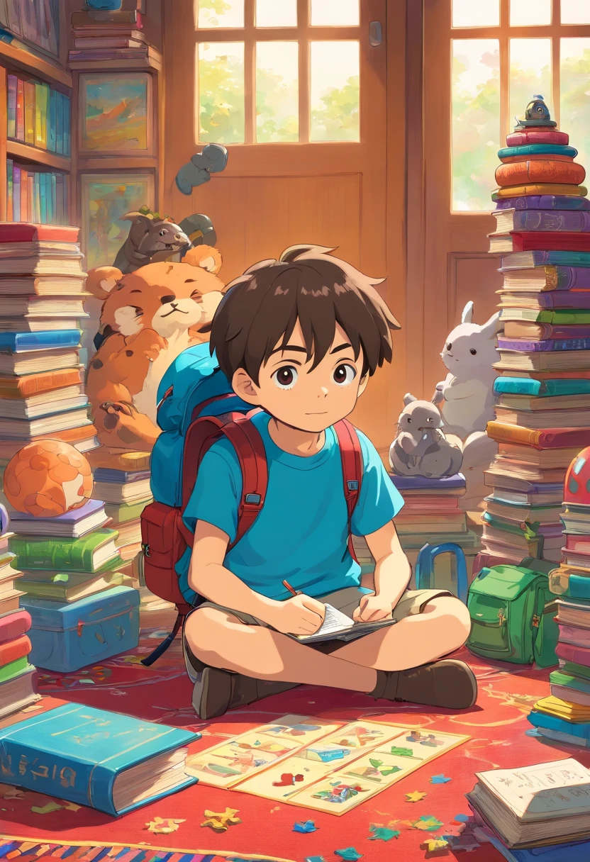 An artistic representation of a little boy with a backpack, sitting cross-legged on a colorful rug in a classroom corner, surrounded by educational toys, puzzles, and books, creating a playful and engaging learning environment.