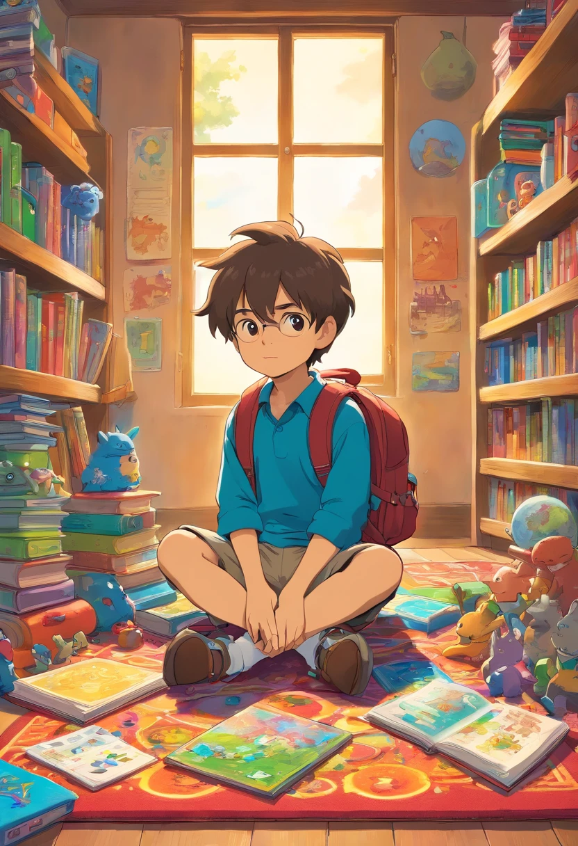 An artistic representation of a little boy with a backpack, sitting cross-legged on a colorful rug in a classroom corner, surrounded by educational toys, puzzles, and books, creating a playful and engaging learning environment.